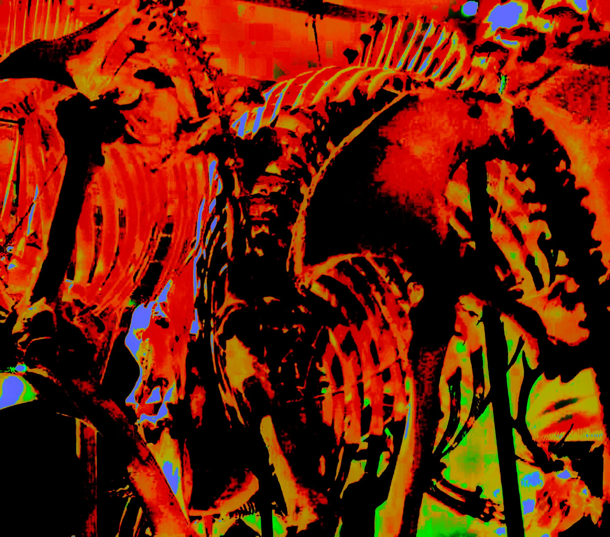 A highly stylized, abstract depiction of dinosaur skeletons in shades of red, orange, and black with some green and blue accents.