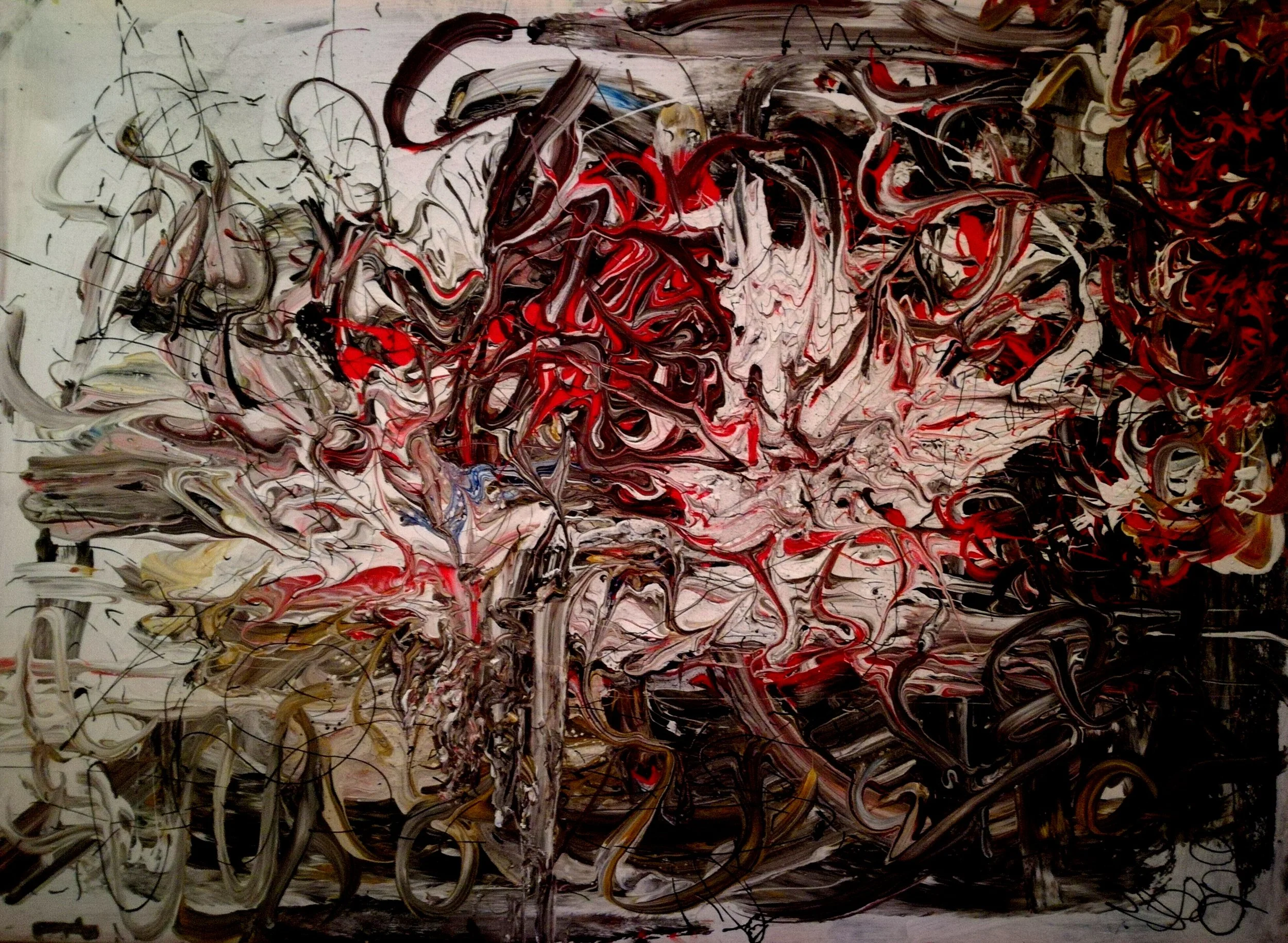 Abstract expressionist painting with swirling strokes of black, white, red, and hints of yellow and blue.
