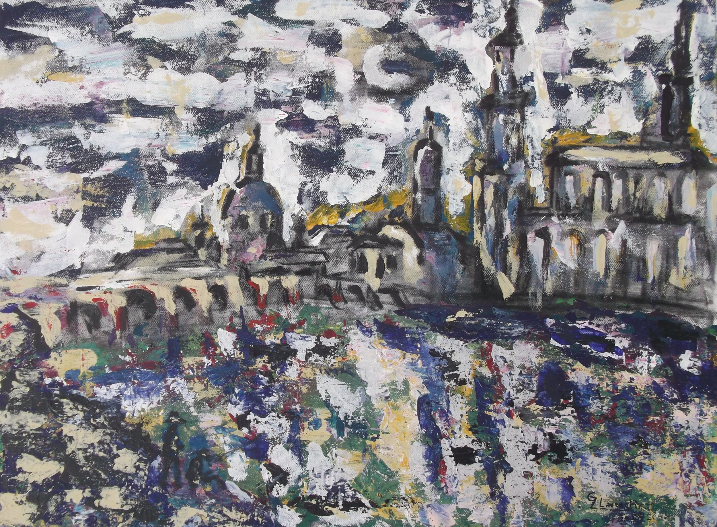 Impressionist painting of a cityscape with historical buildings, domes, and a river or canal in the foreground, using bold brushstrokes and a muted color palette.