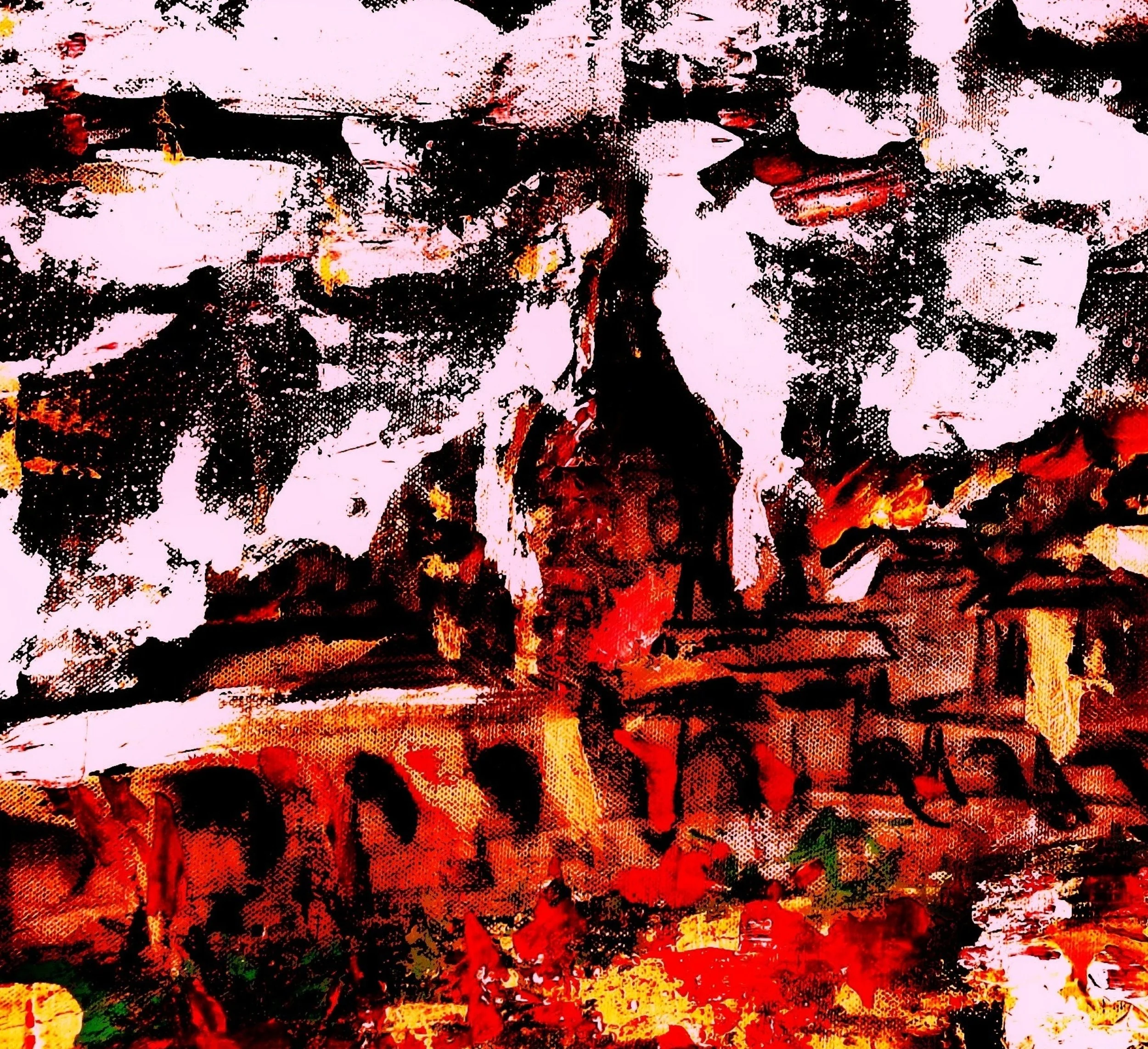 An abstract painting of a bridge with people walking over it, set against a fiery sky with dark clouds and vibrant colors.