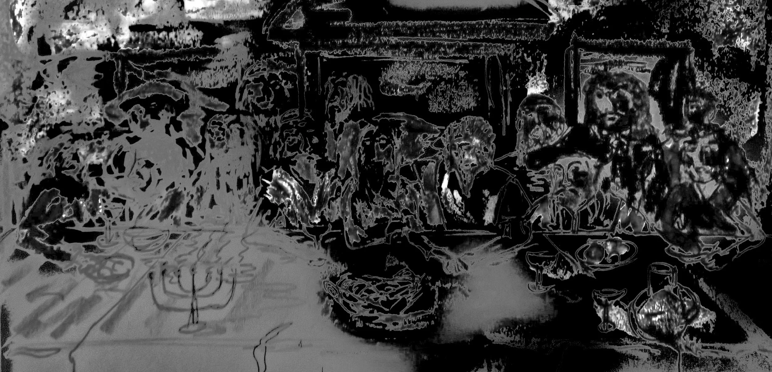 A black and white stylized drawing of Leonardo da Vinci's The Last Supper, depicting Jesus Christ and his apostles seated at a long table.