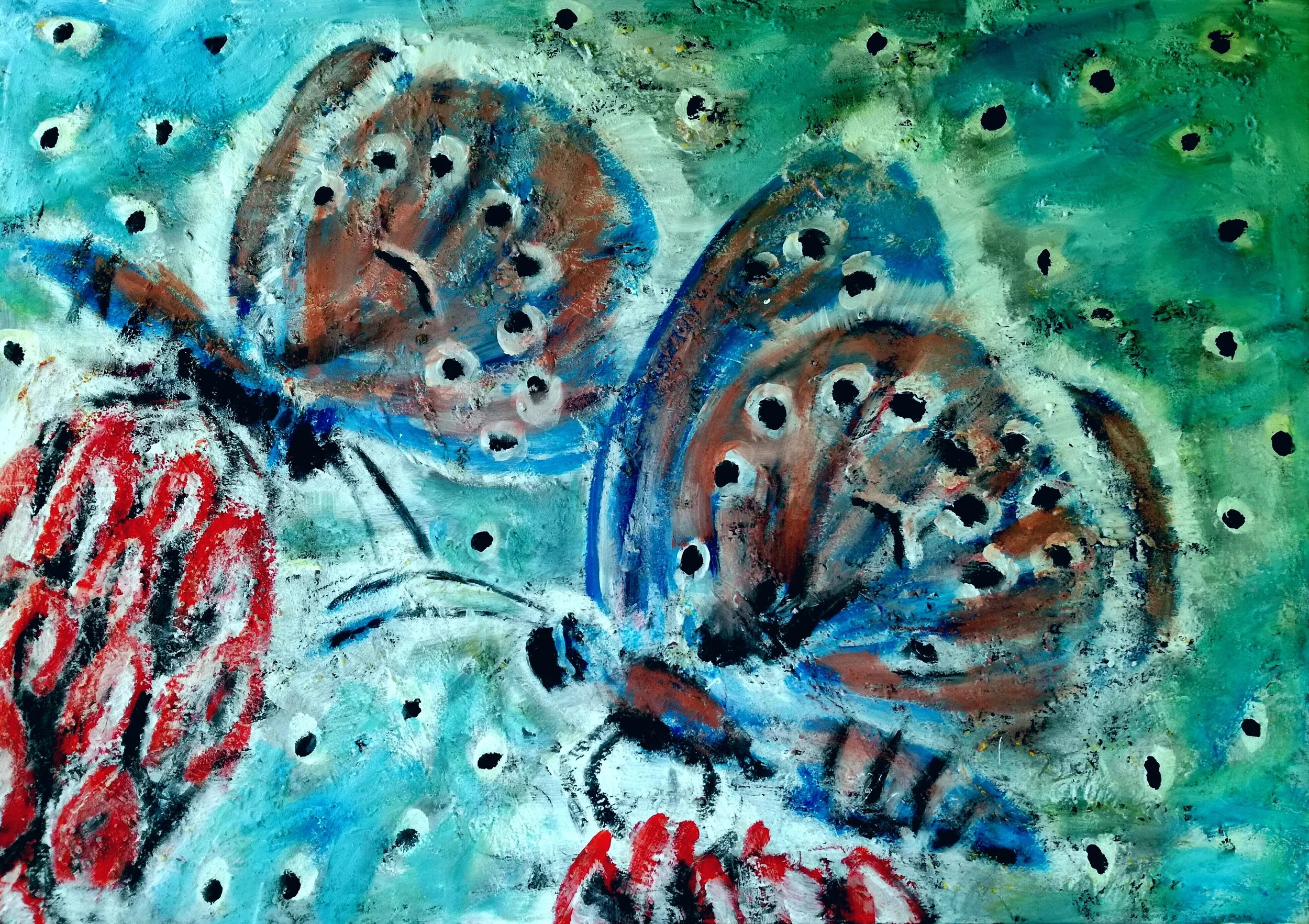 Abstract painting of colorful butterflies with blue, red, and brown wings, on a background of green, white, and blue with scattered black dots.