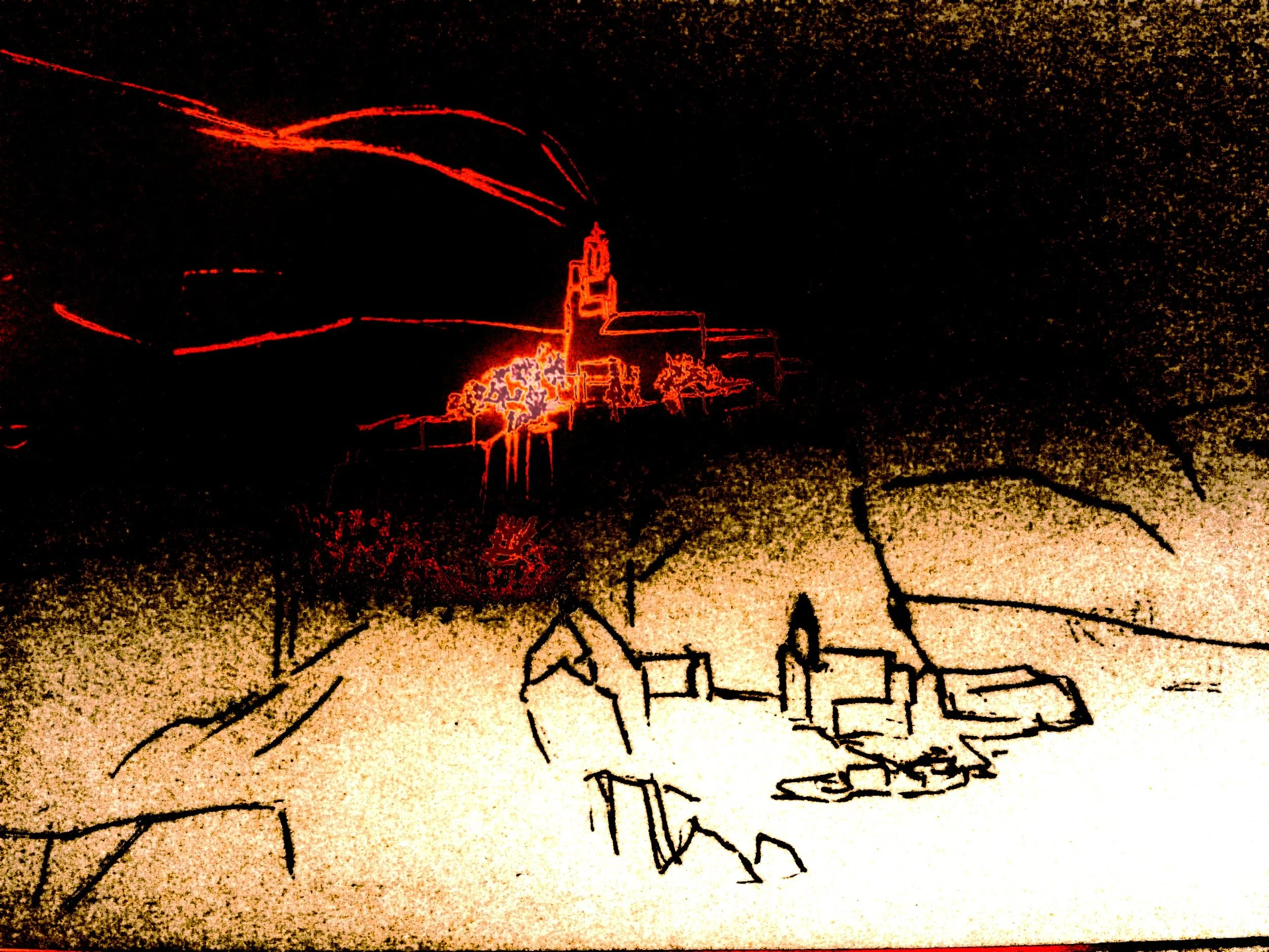 A stylized line drawing of a landscape with buildings in the foreground and a mountain in the background, featuring a neon orange and black color palette.