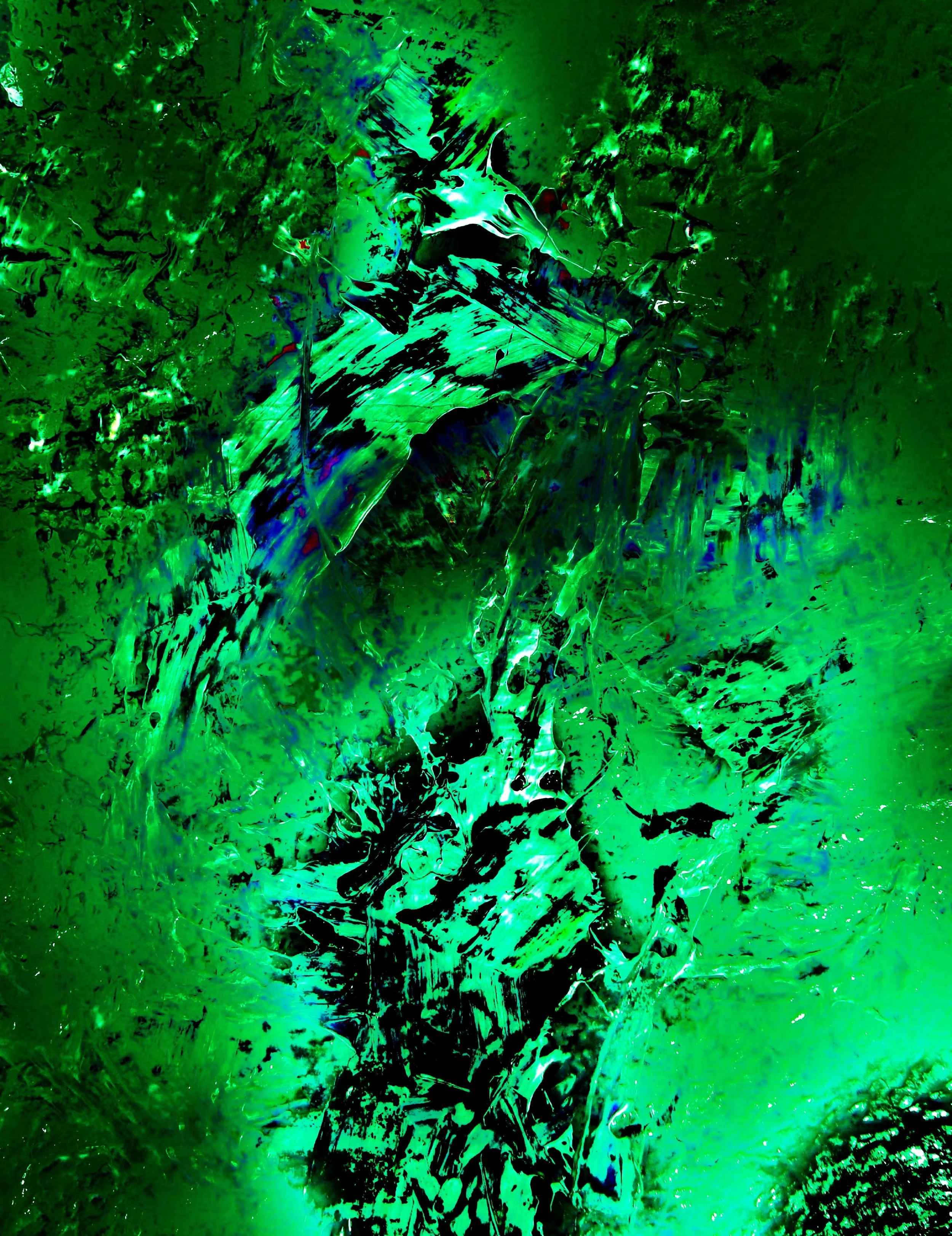 Abstract image with swirling green, black, and hints of blue and red colors.