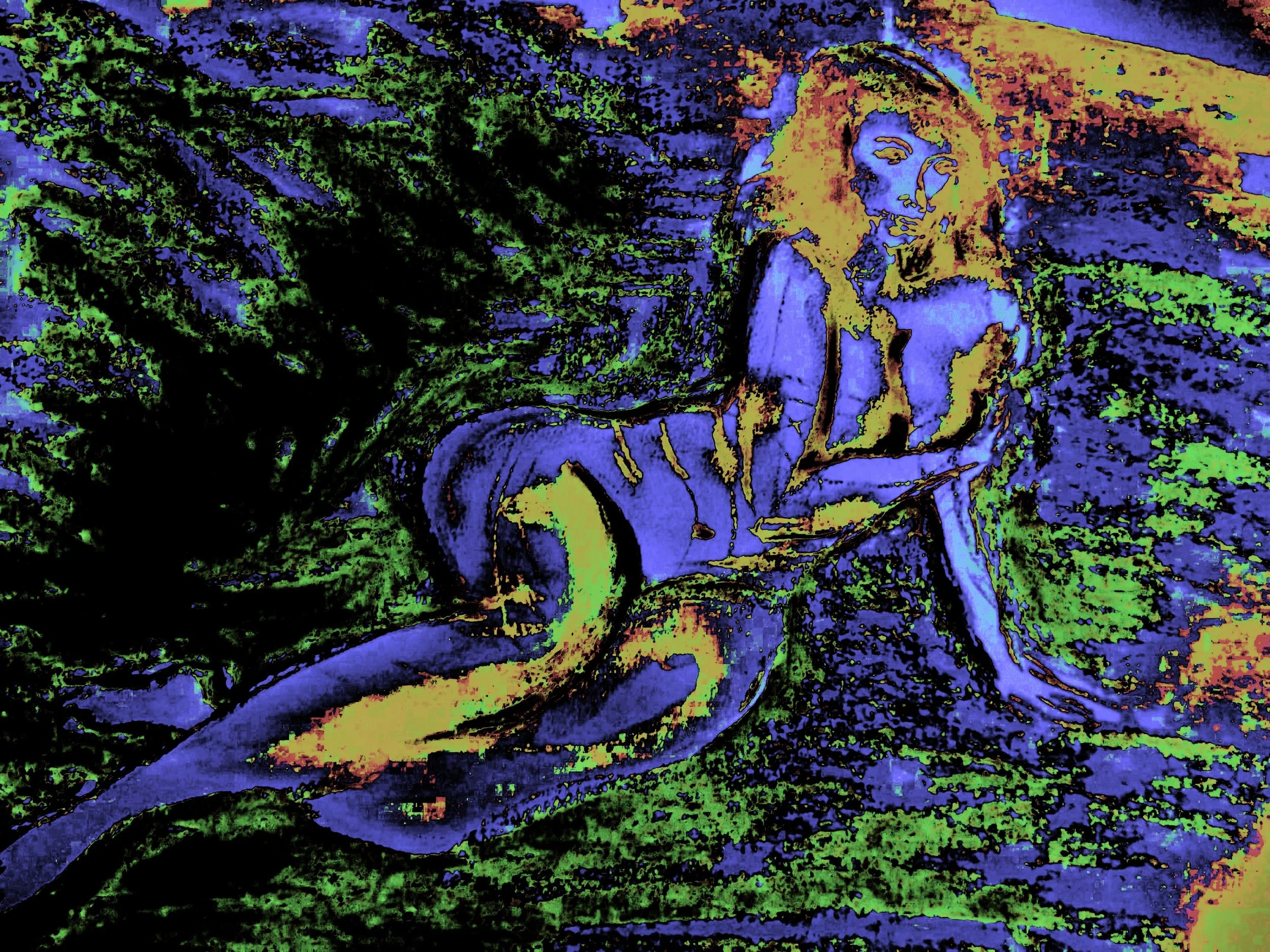 A digital art depiction of a mermaid with long hair, sitting on the ground with her tail curled around her, surrounded by abstract greenery and a colorful background.