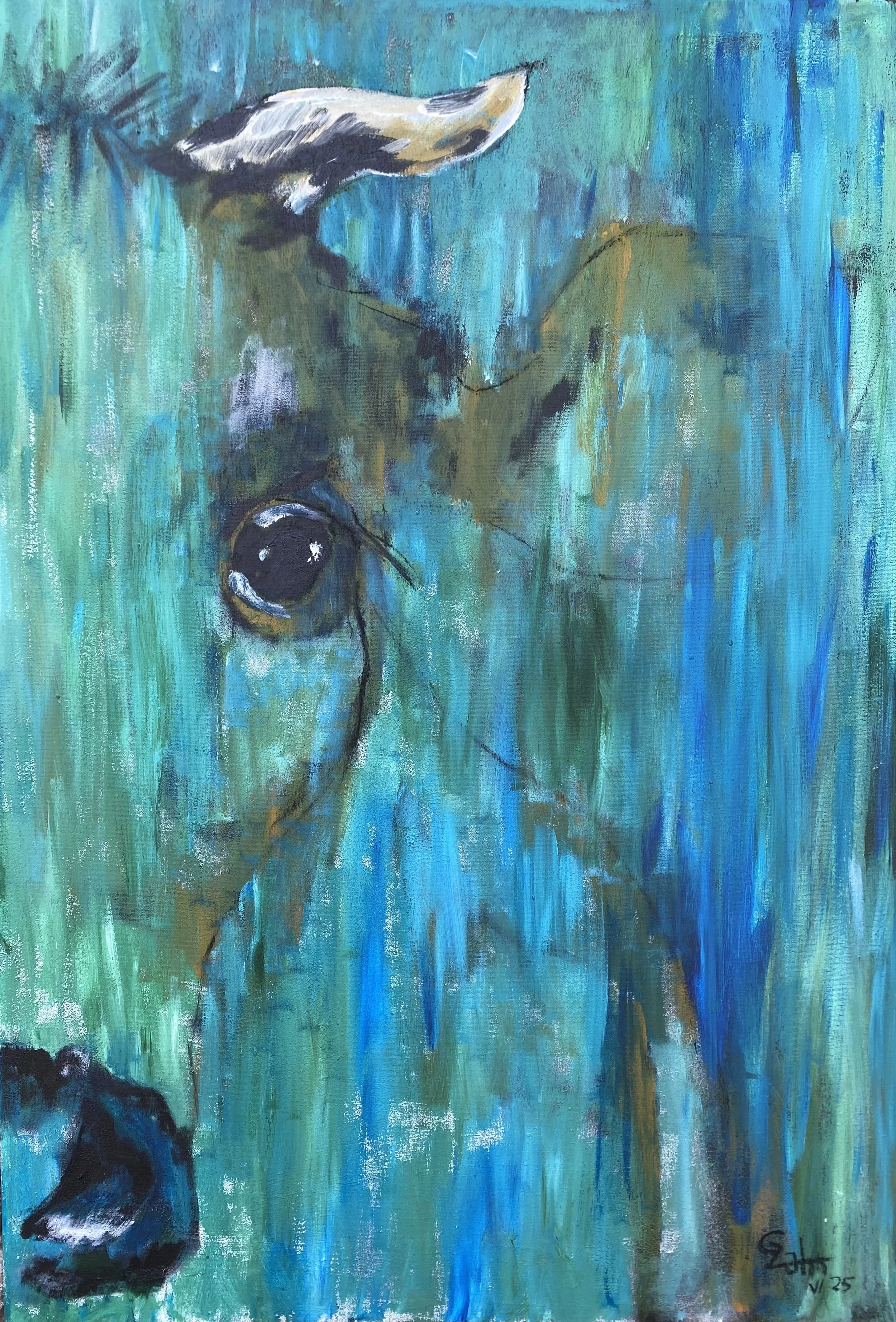 An abstract painting with shades of blue, green, black, and white, featuring a large black circular shape with white details, and irregular shapes and lines.