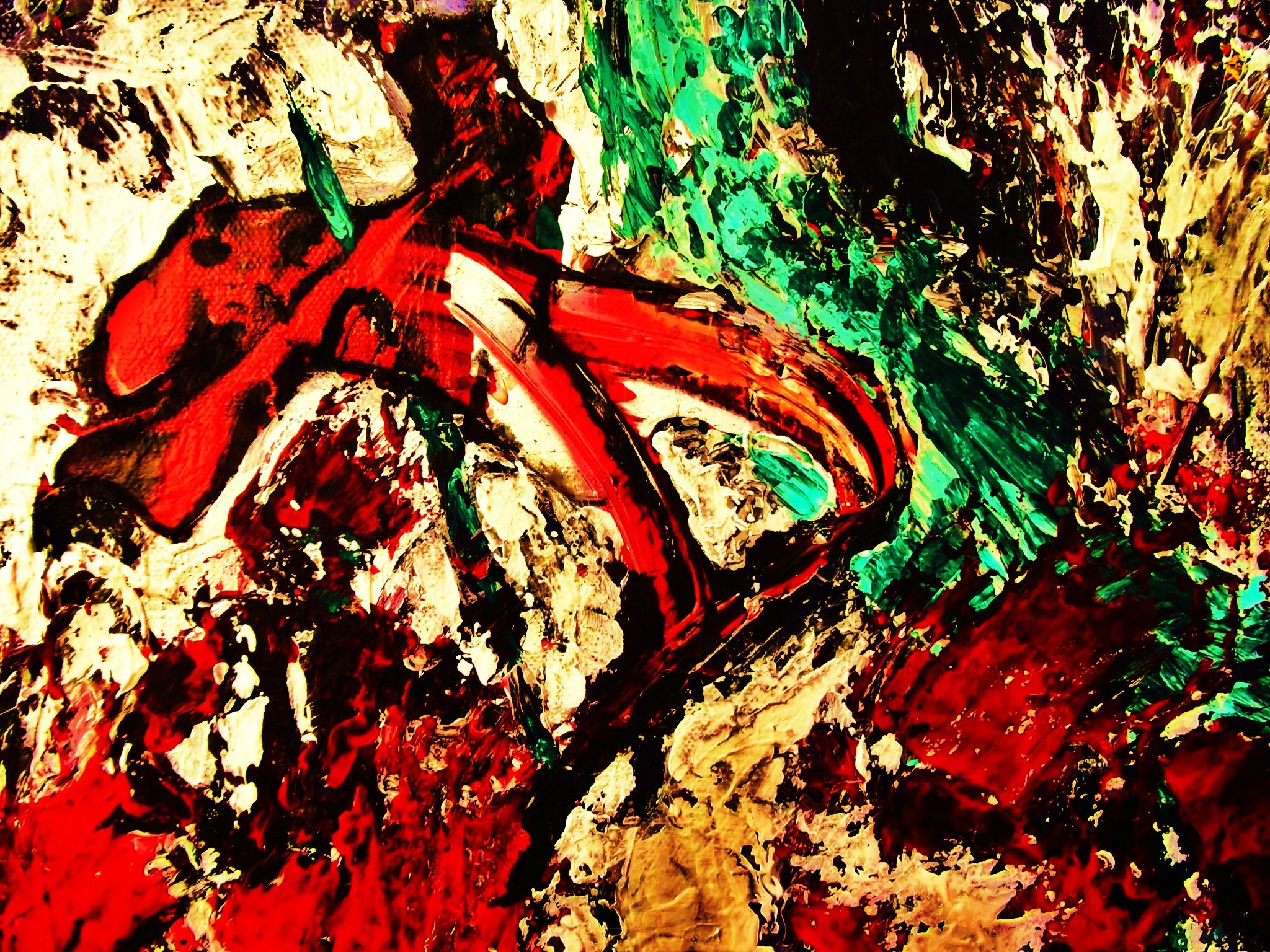 Abstract expressionist painting with bold red, black, green, and white colors, thick textured brushstrokes, and chaotic composition.