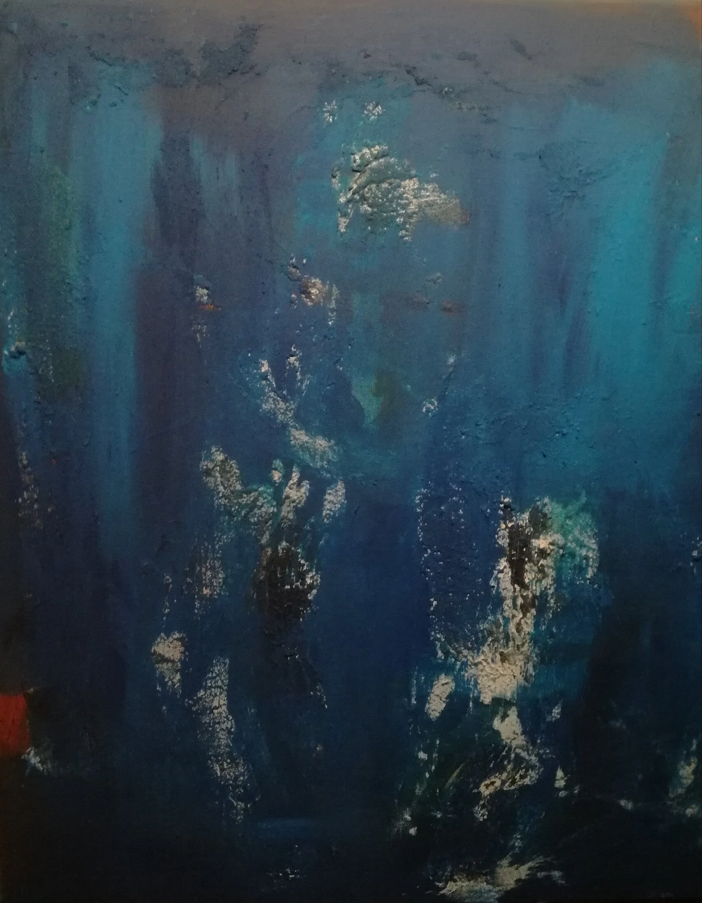 An abstract painting with blue, black, and white brushstrokes.