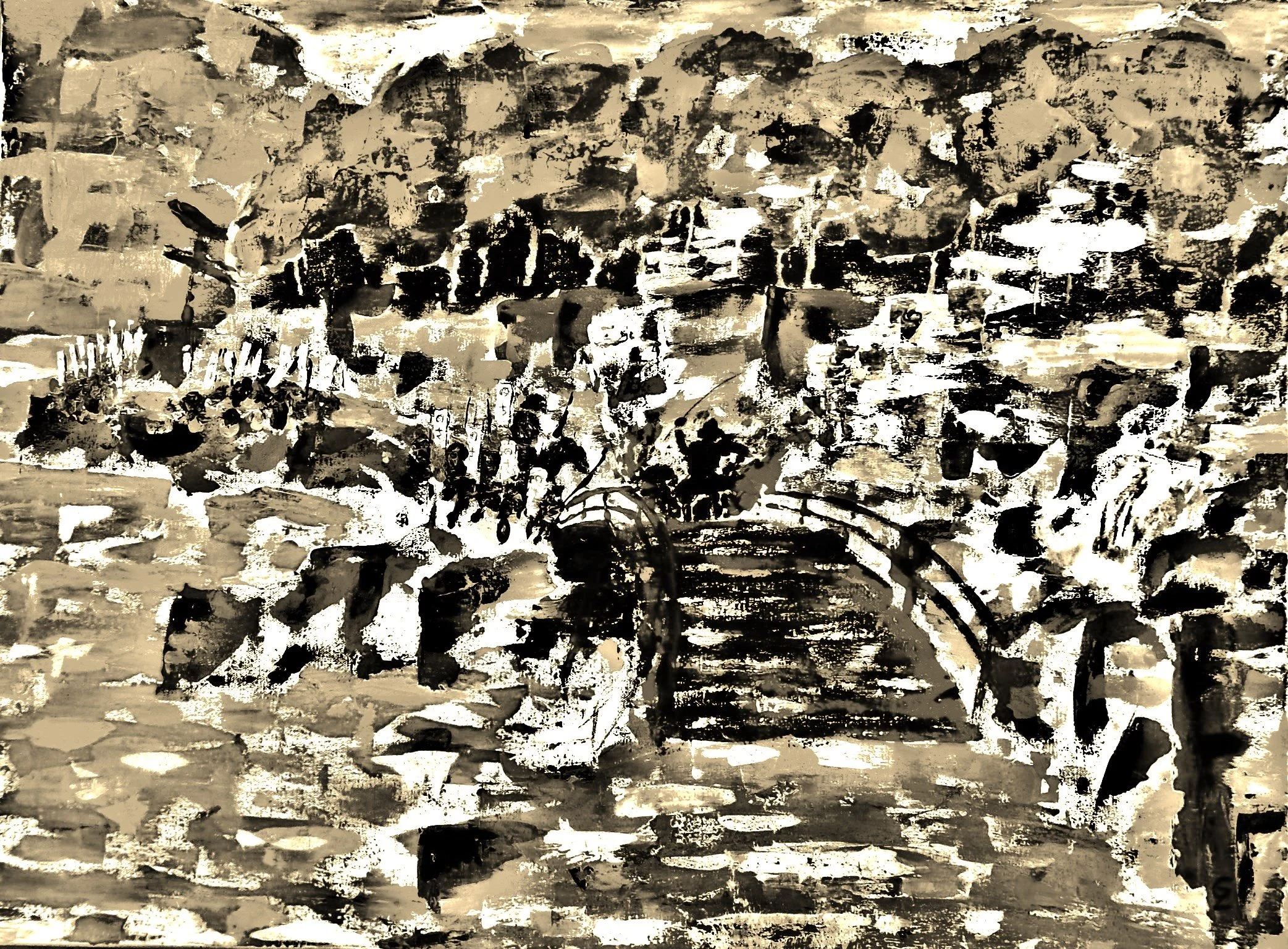 A black and white watercolor painting of a bridge over water with stone walls on both sides and plants in the background.