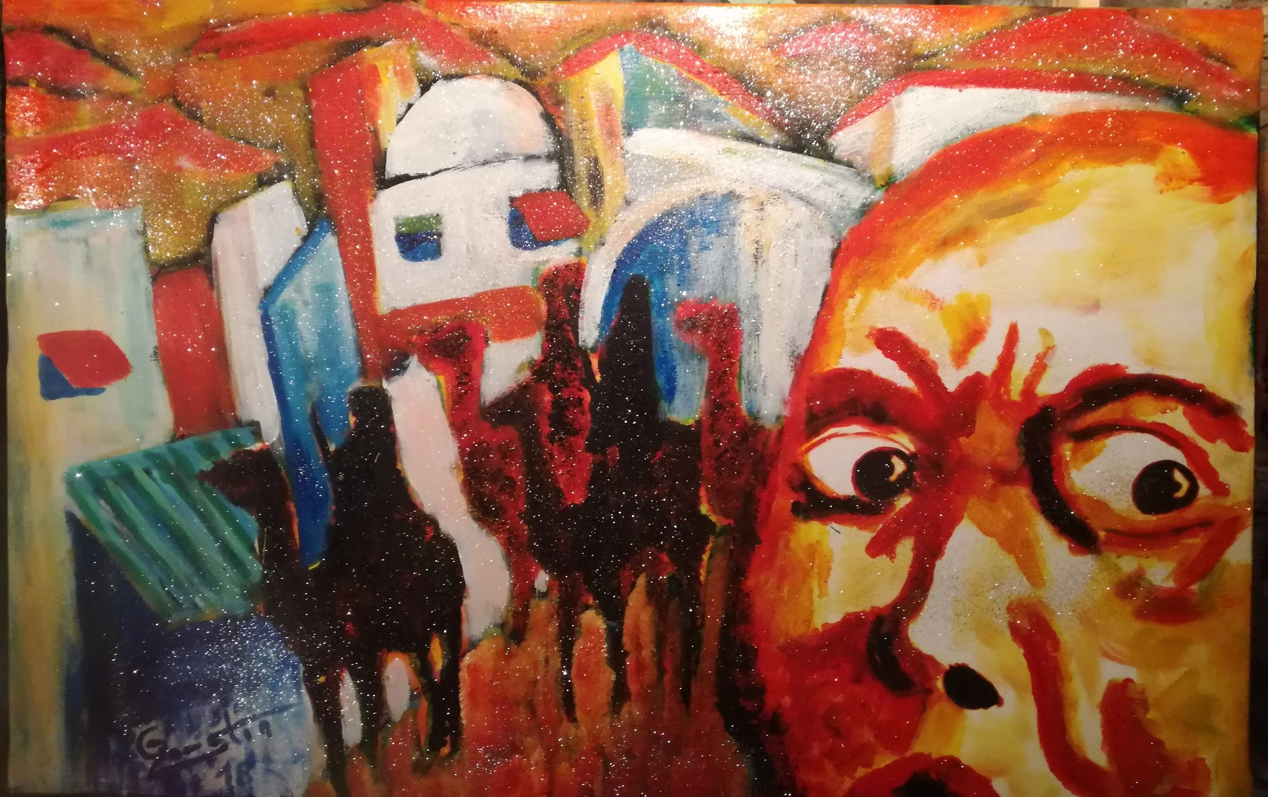 Abstract colorful painting with a child's face on the right, and darker figures resembling animals or humans on the left, with a background of vibrant colors and sparkly accents.