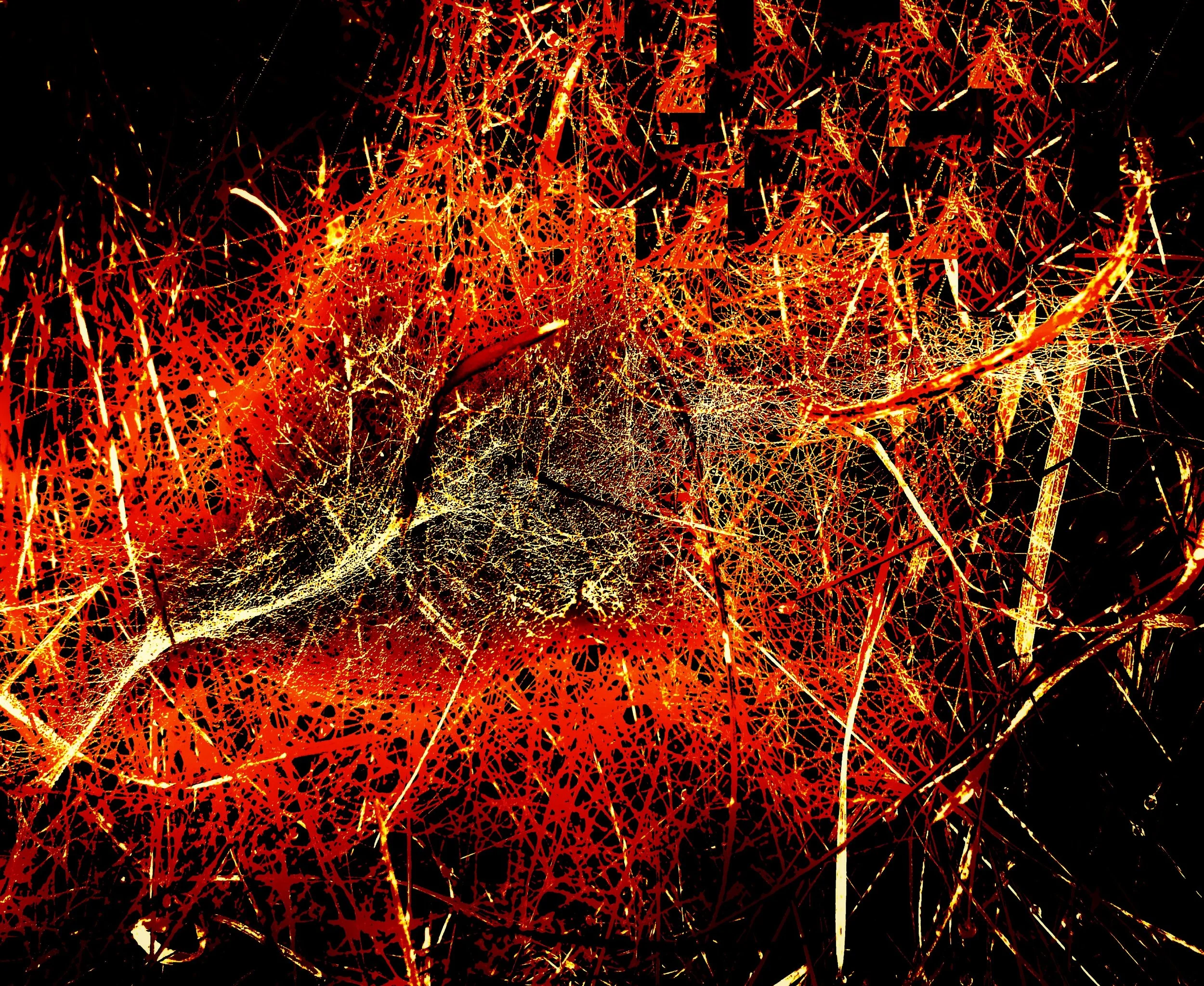 A complex web of tangled, glowing lines in red, orange, and white against a black background, resembling a chaotic neural network or abstract digital art.