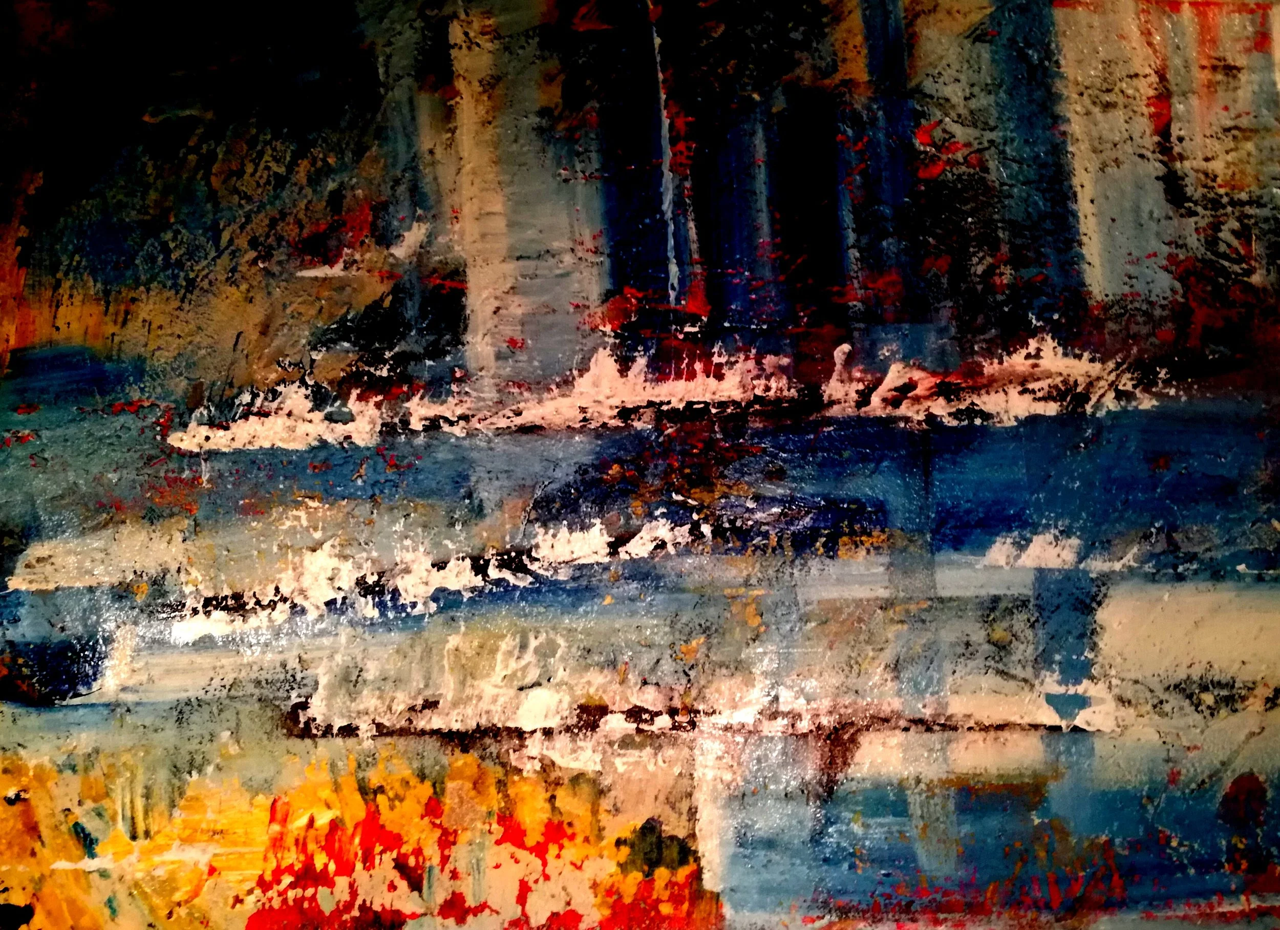 Abstract painting of a landscape with waterfalls, trees, and colorful foliage in a vibrant and textured style.