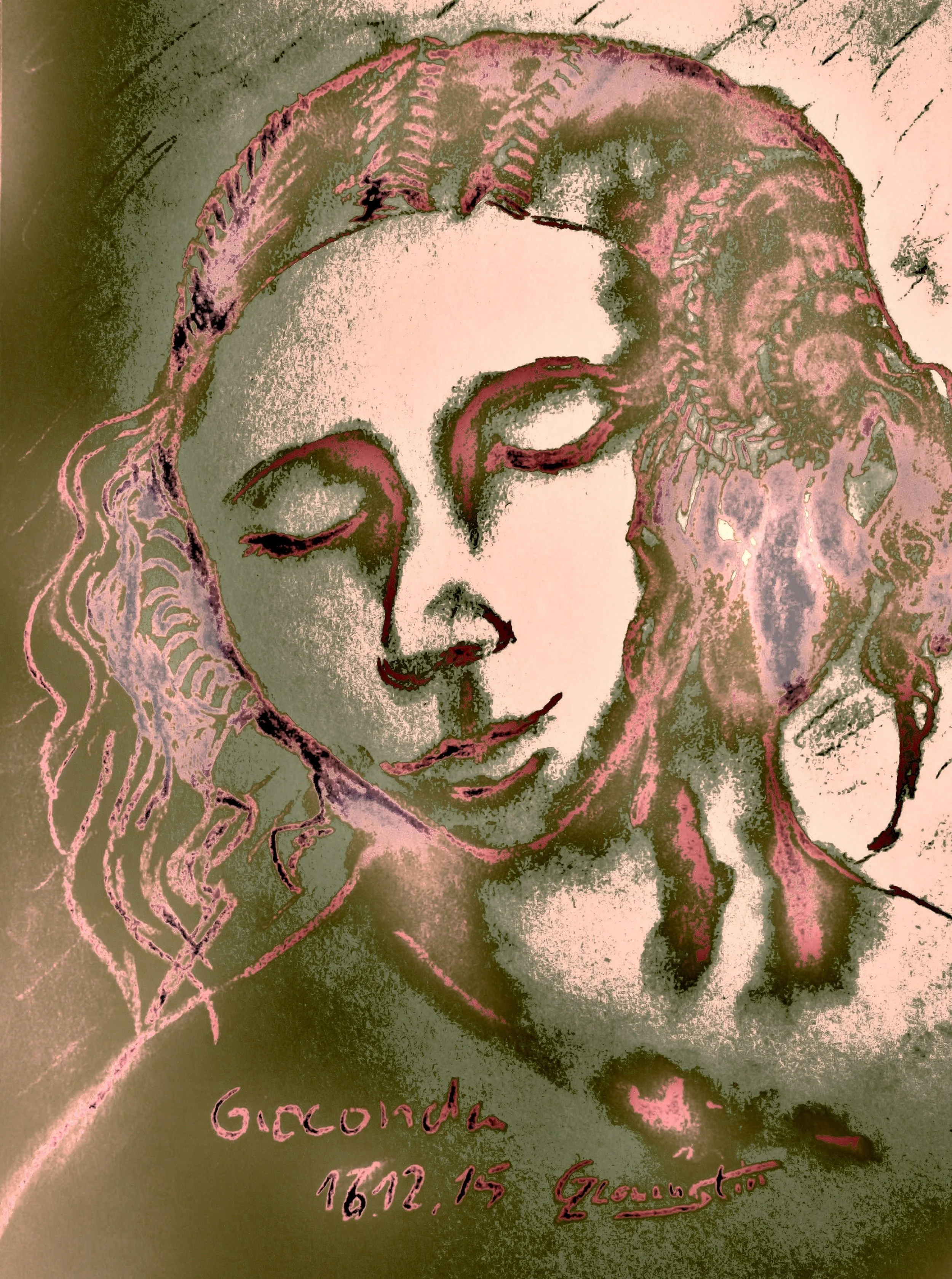 A stylized drawing of a woman with long, curly hair and closed eyes, with the signature 'Geconda' and the date '16.12.15' written at the bottom.