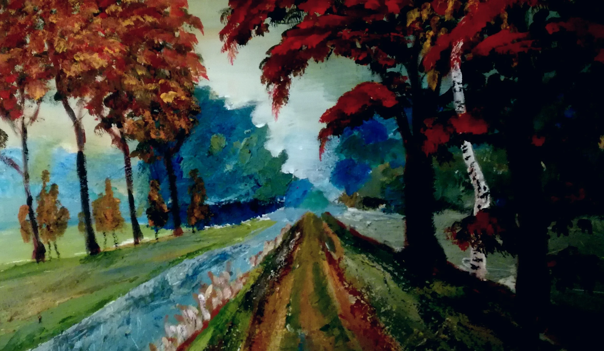An impressionist painting of a rural landscape with tall trees with red and orange leaves on either side of a dirt path, with a blue and green hilly background and a cloudy sky.
