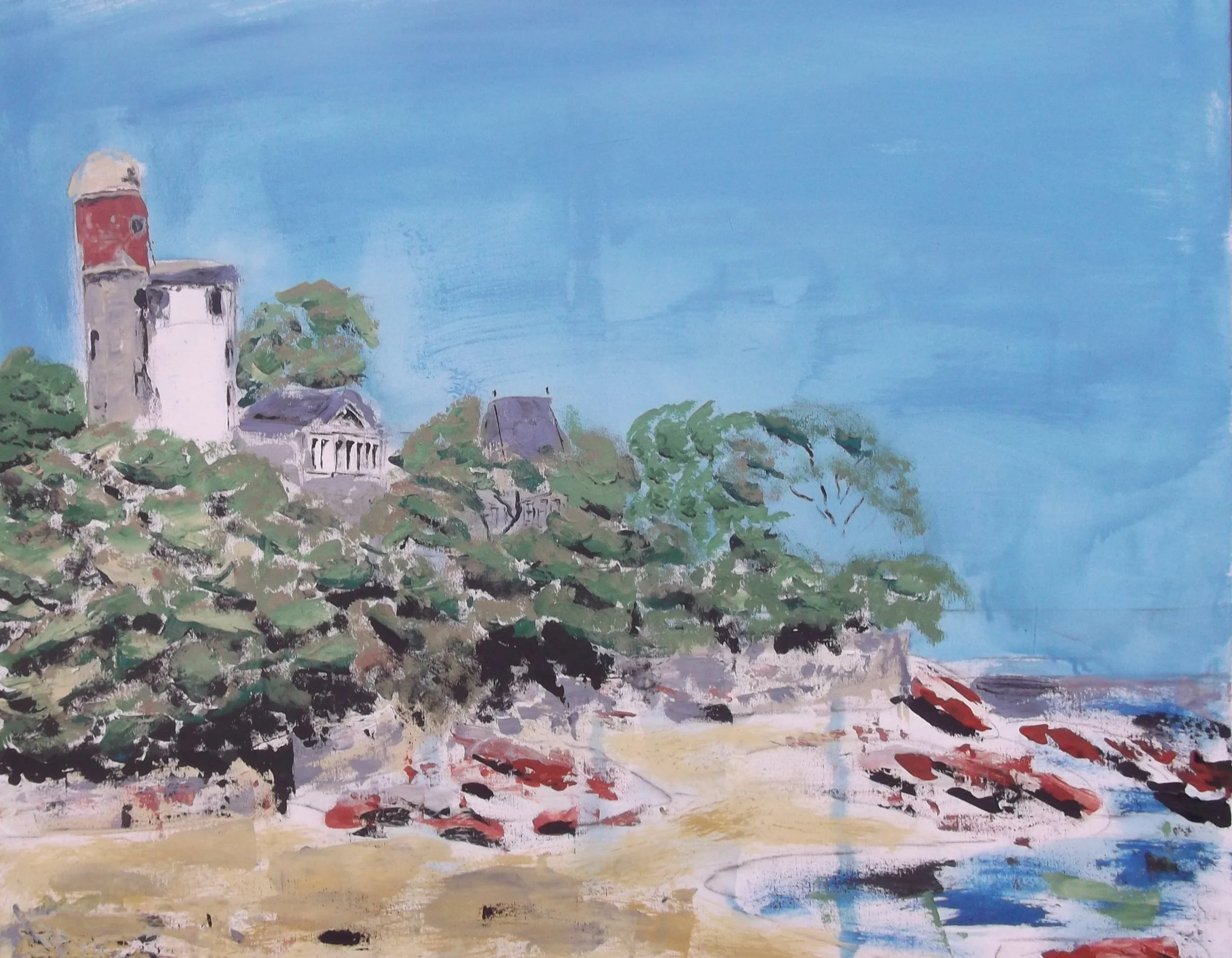 A painting of a coastal scene with a lighthouse on a hill, surrounded by trees and houses, under a bright blue sky. There are red and black boats on the shoreline.