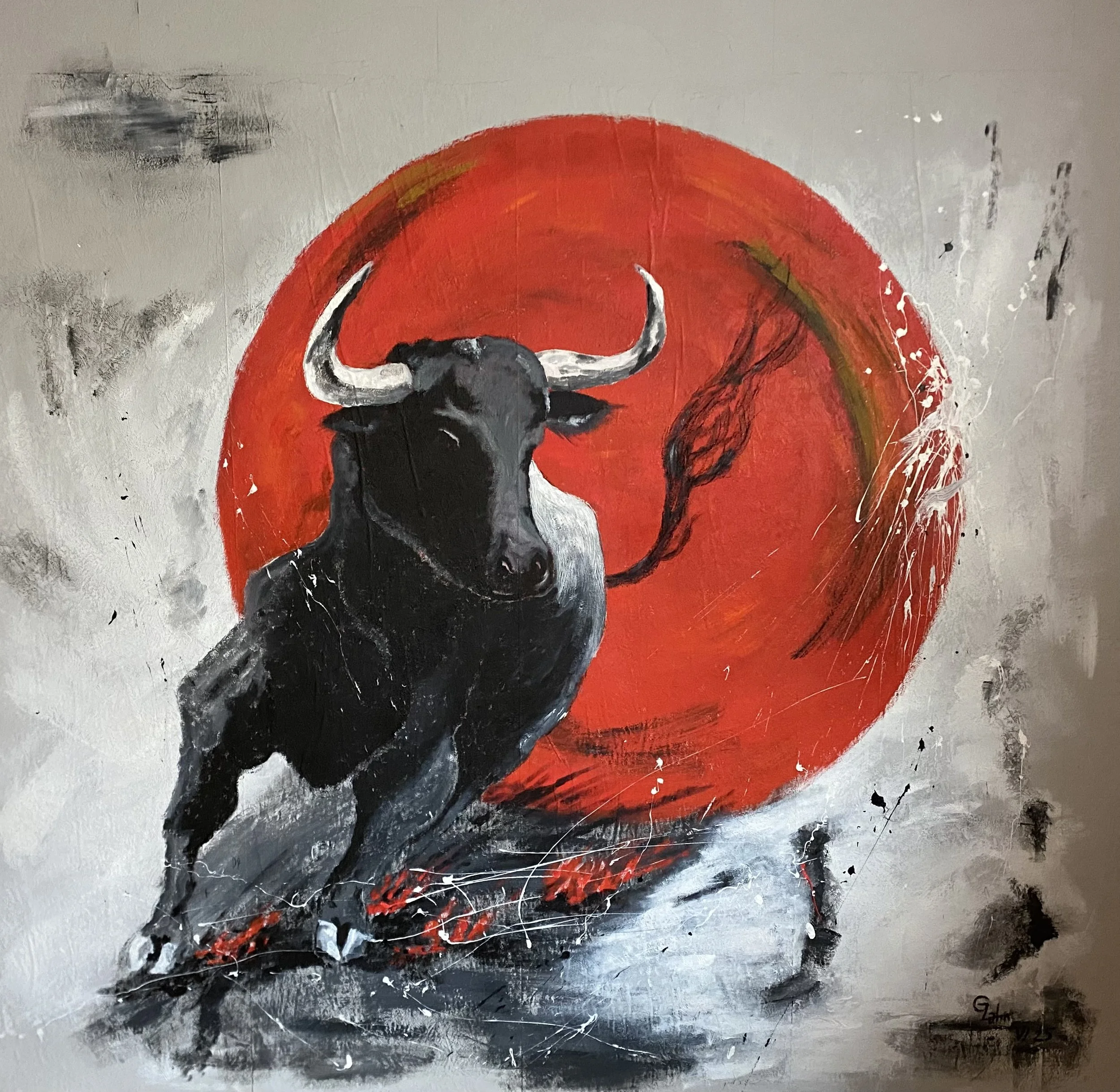A painting of a black bull with white horns in front of a red circular background, with abstract black and white brushstrokes and splatters around the bull.