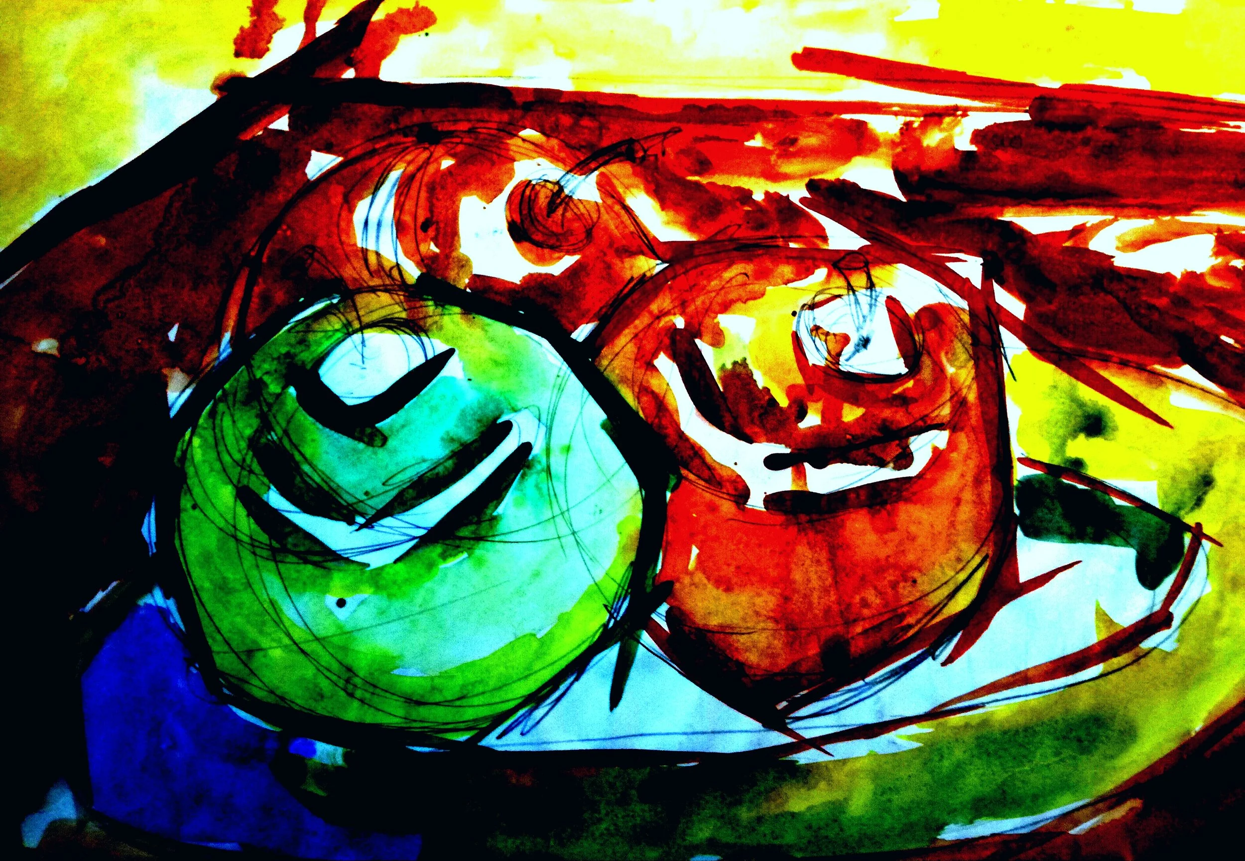 Colorful abstract painting of two smiling faces, one green and one red, with expressive eyes and wide smiles, created with loose, sketchy lines and vibrant splashes of color.
