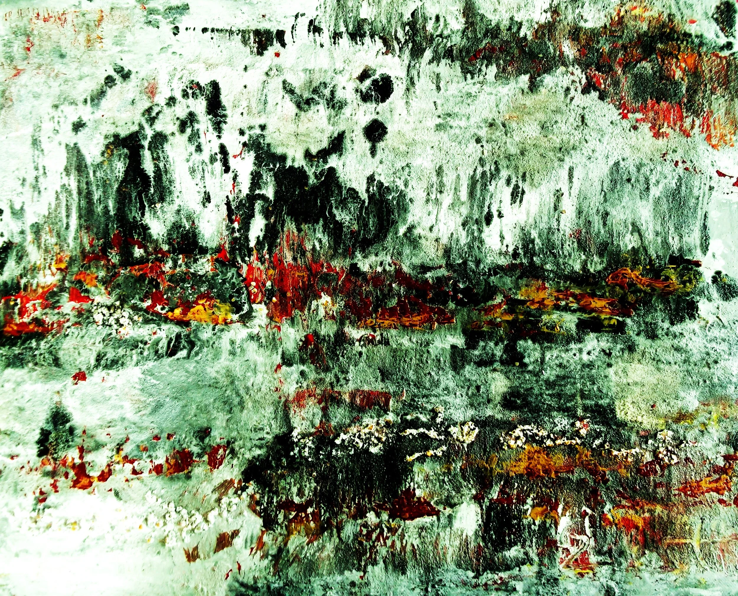 Abstract painting with green, black, red, yellow, and white paint layered and textured across the canvas.