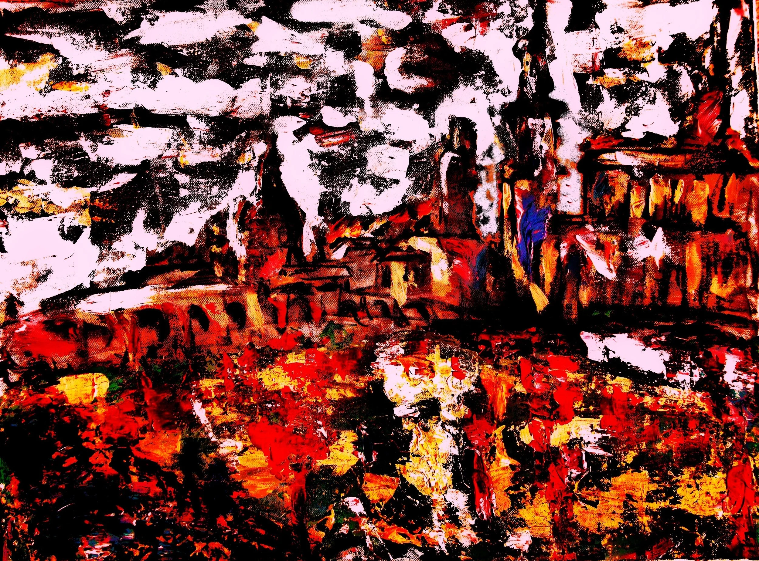Abstract painting with bold strokes of white, black, red, yellow, and blue, depicting a chaotic landscape or cityscape.