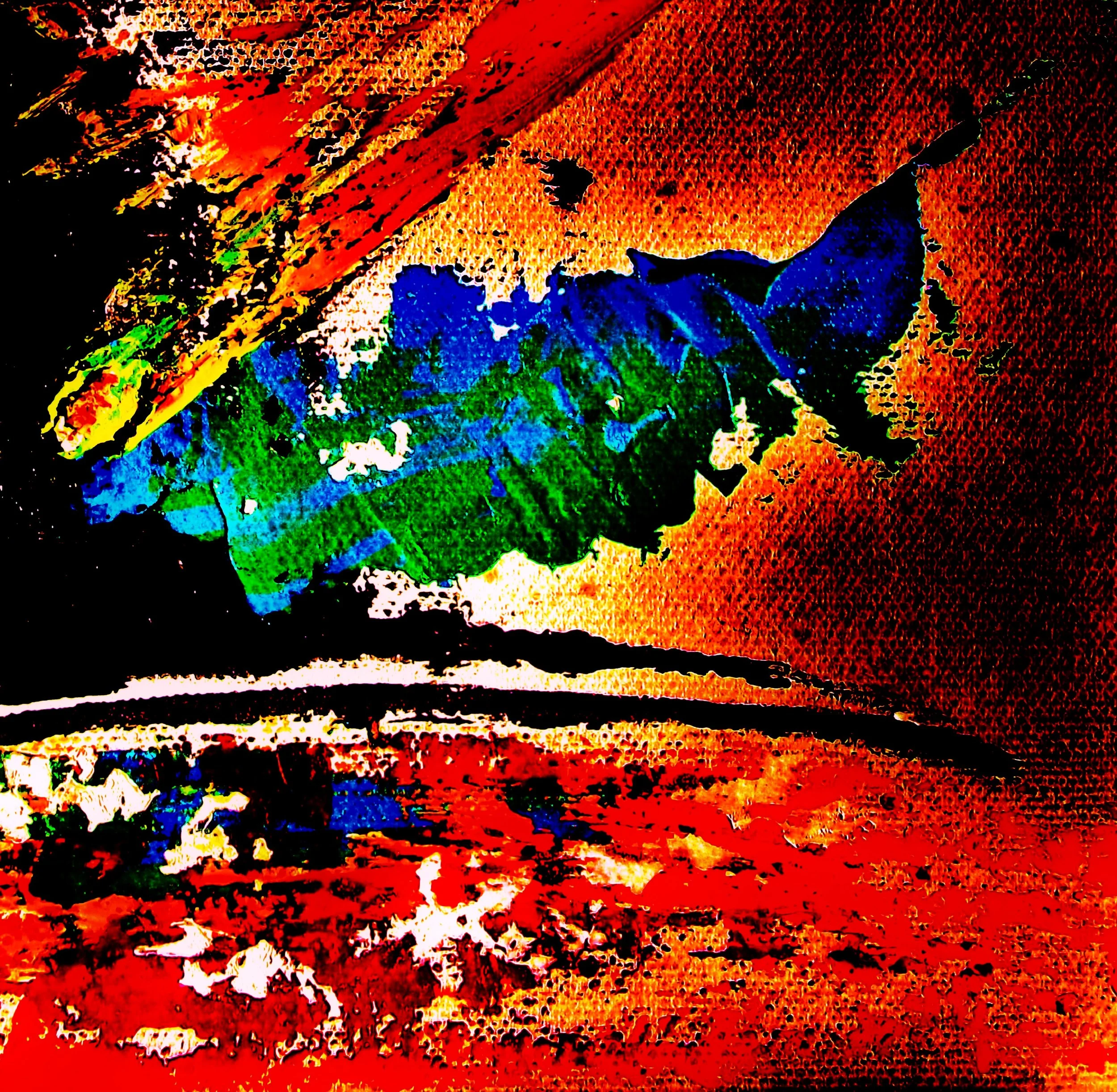 Abstract image with bold red, green, blue, and black colors in a textured, painterly style.