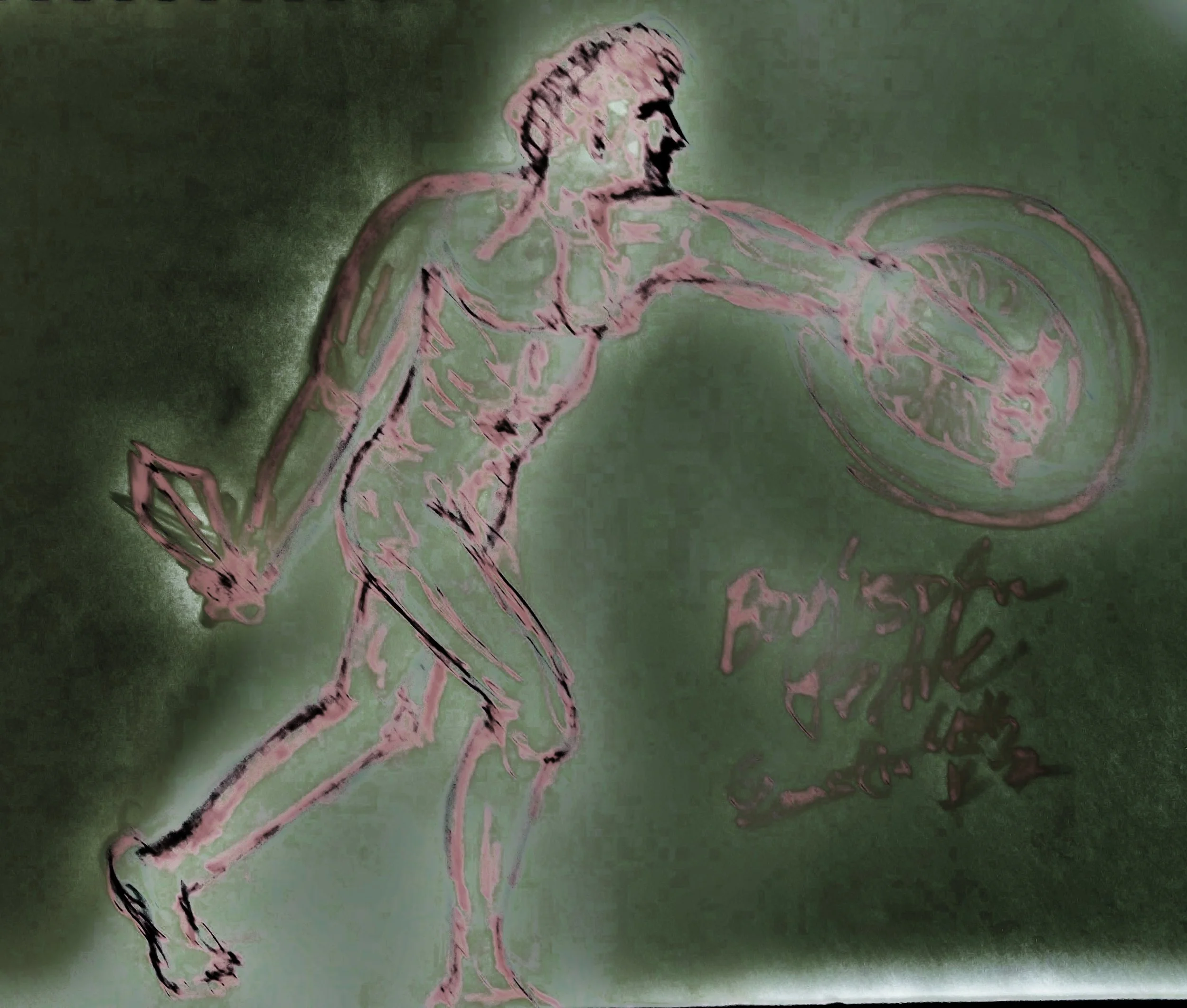 A line drawing of a muscular man with a mohawk hairstyle holding a fencing foil in his right hand, with a circular shape and faint text in the background.