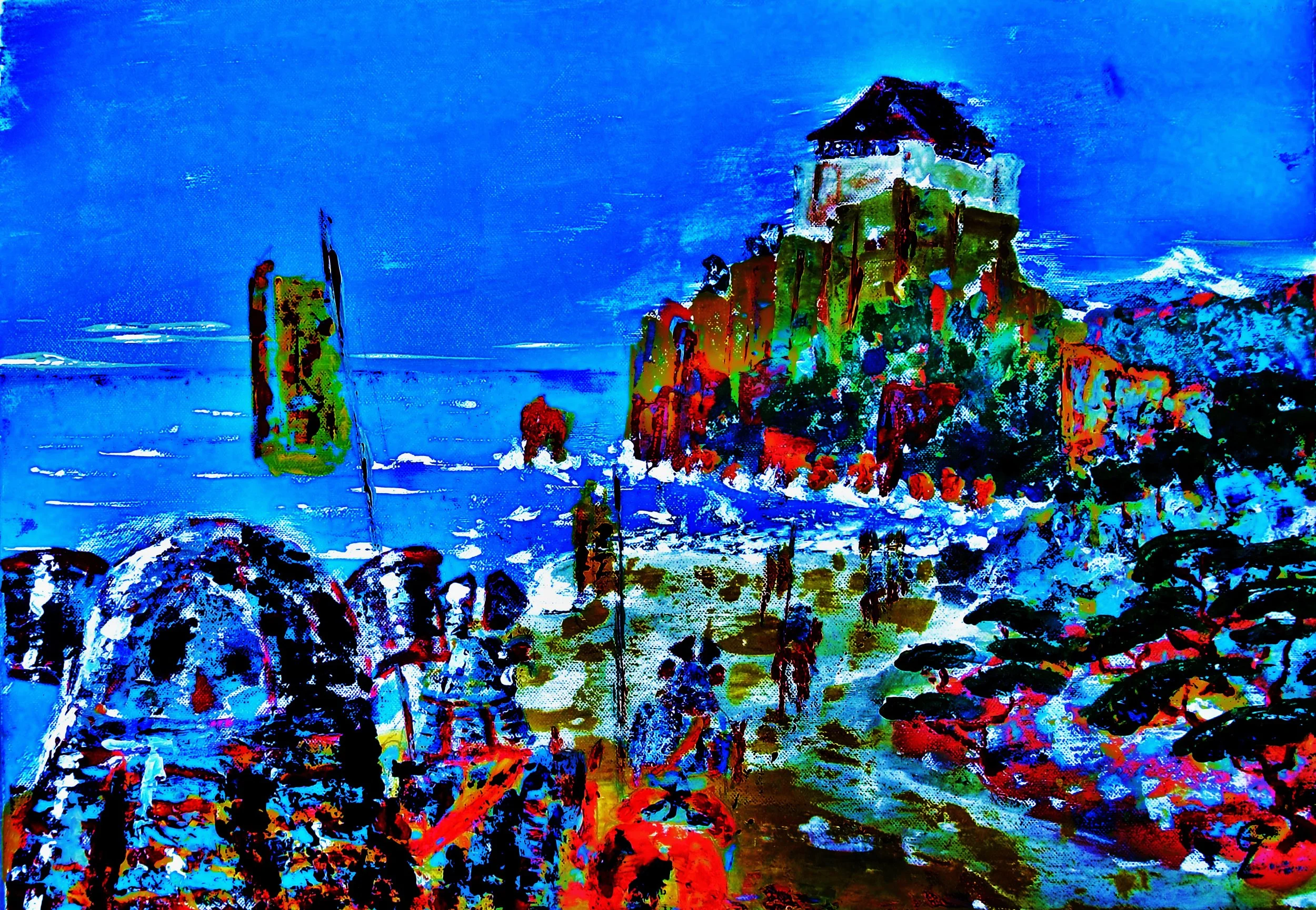 A colorful, impressionistic painting of a cliffside fortress overlooking the ocean, with boats and figures along the shoreline, predominantly using blue, green, red, and black hues.