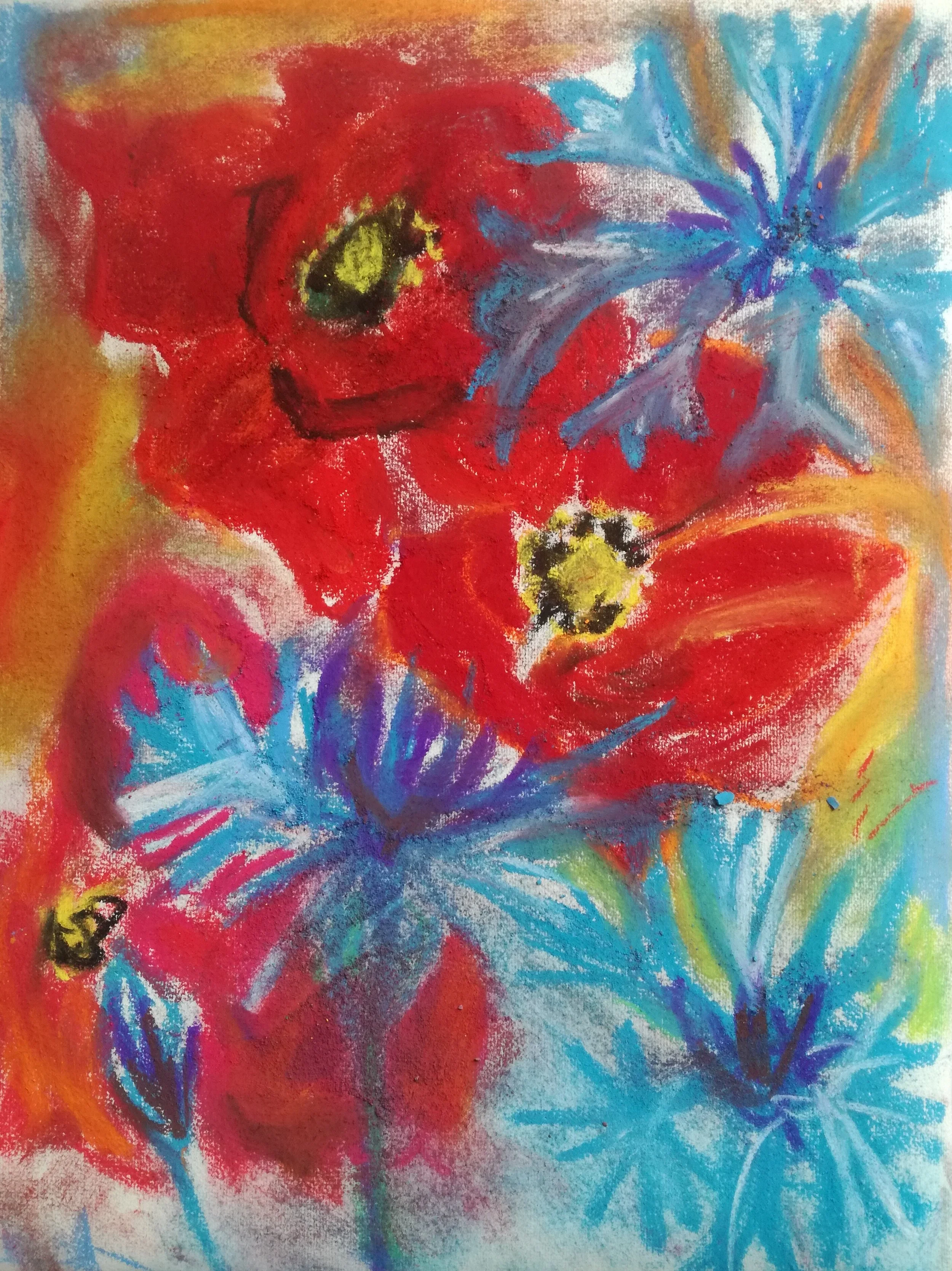 Colorful abstract painting of red poppy flowers with blue and purple accents, yellow and black centers, and a vibrant orange and yellow background.