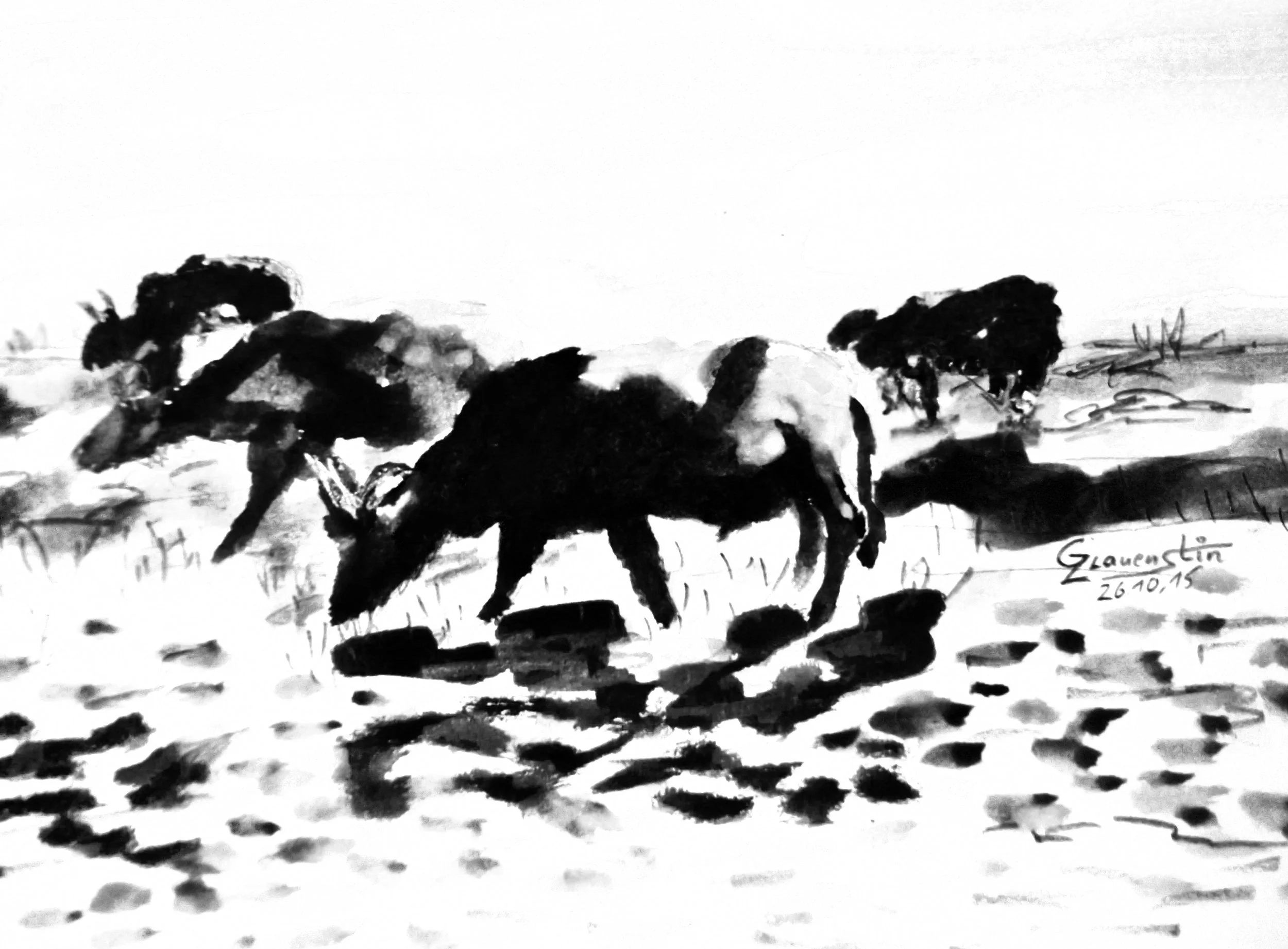 Ink painting of a herd of cows walking across a field, with trees in the background and shadows on the ground.
