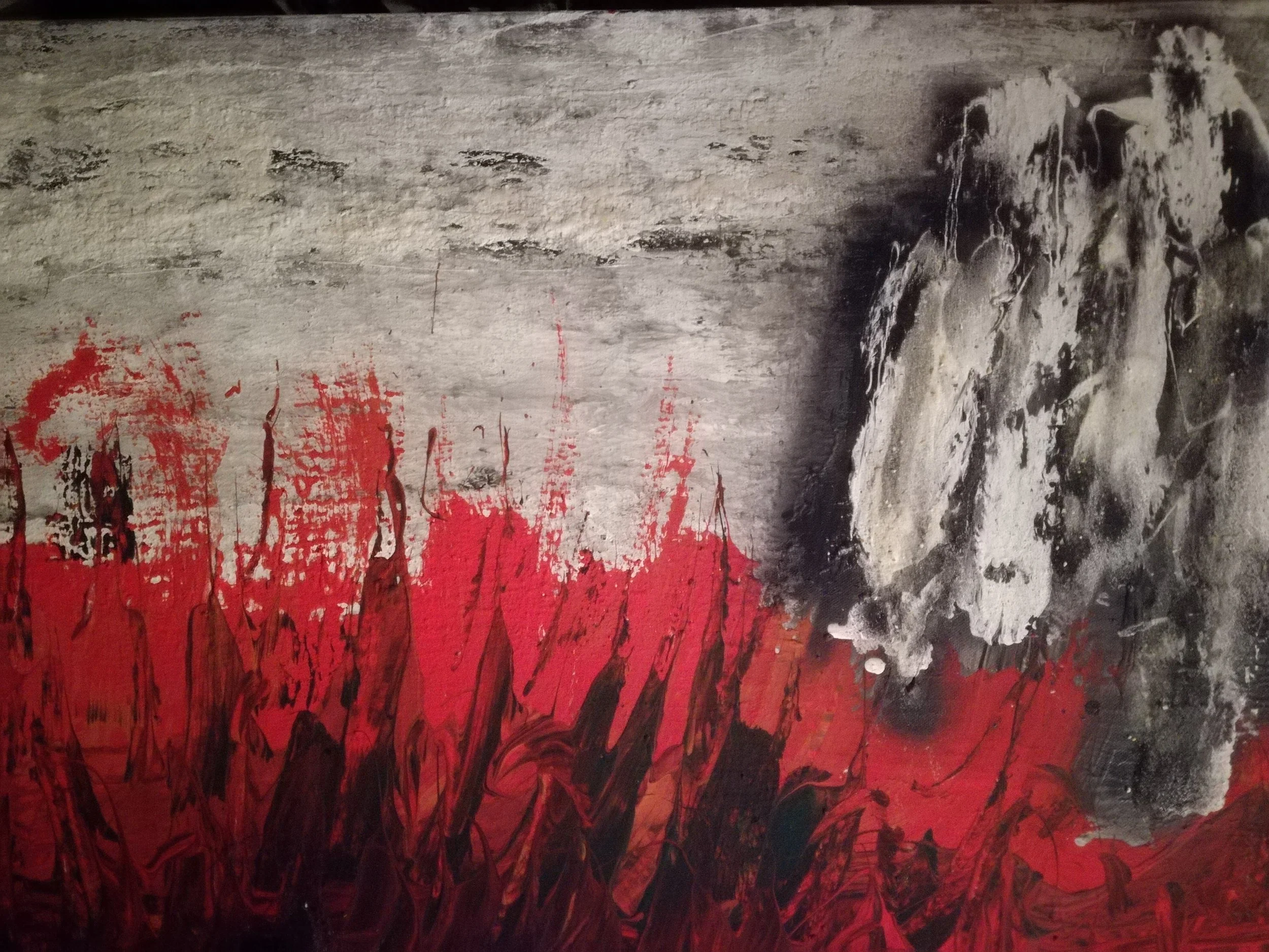 Abstract painting featuring a textured grey background with red and black streaks at the bottom and a large, white, flower-like shape on the right side.