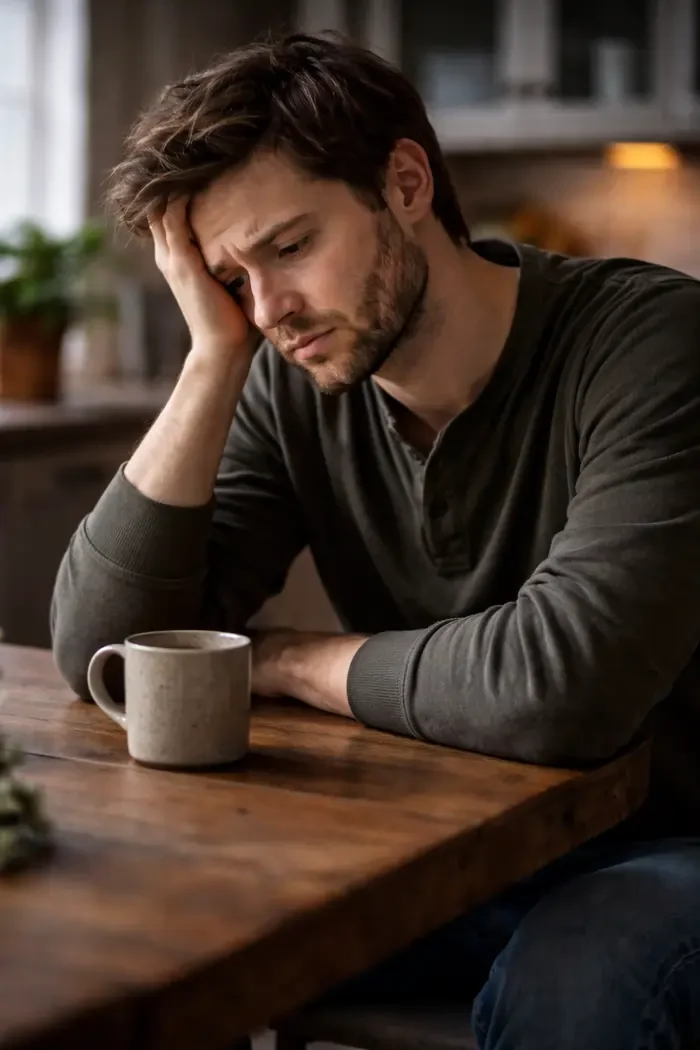 Un jeune homme en état dépressif est accoudé à une table