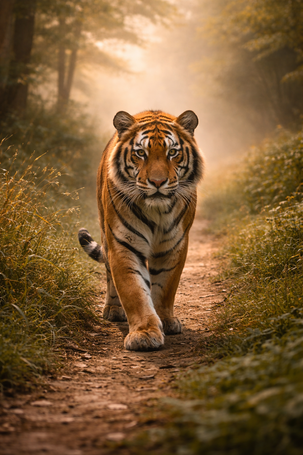 Un tigre marche sur un chemin dans une forêt en automne, entouré de végétation et de lumières chaudes.