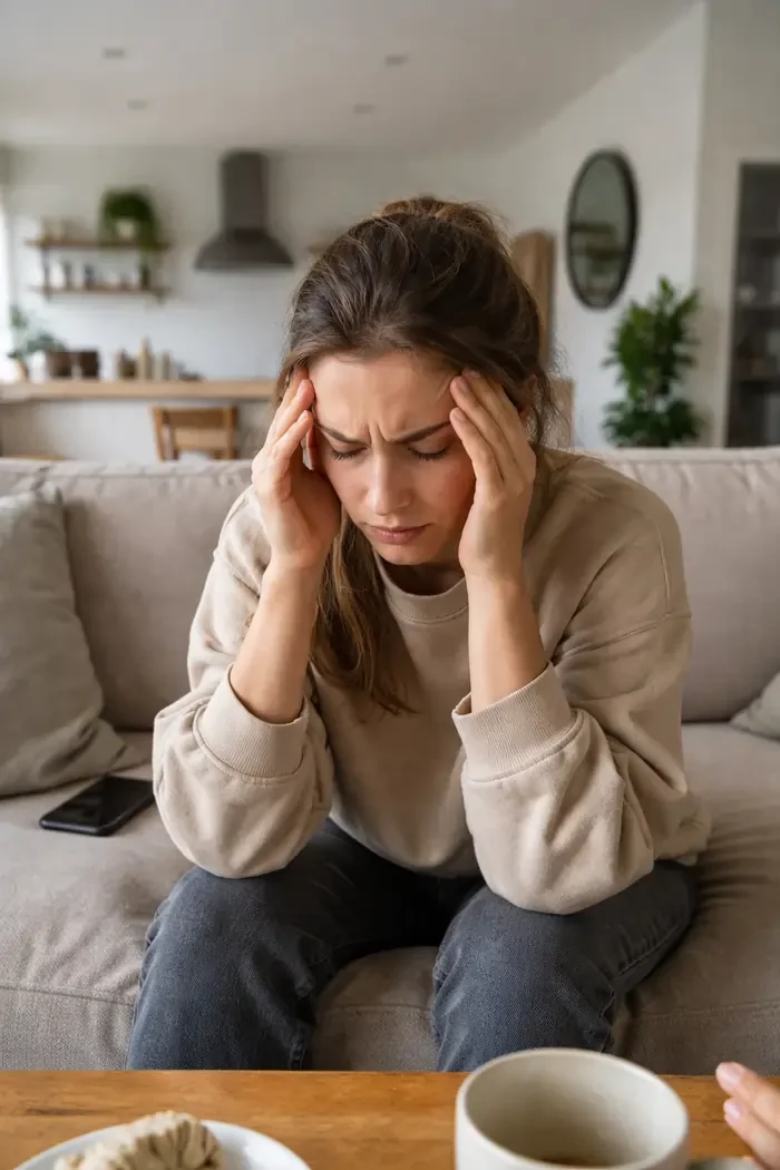 Une femme souffrante de stress assise sur un canapé dans un appartement à Paris