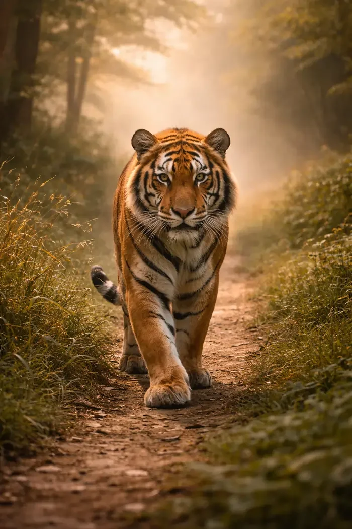 Un tigre marche sur un chemin