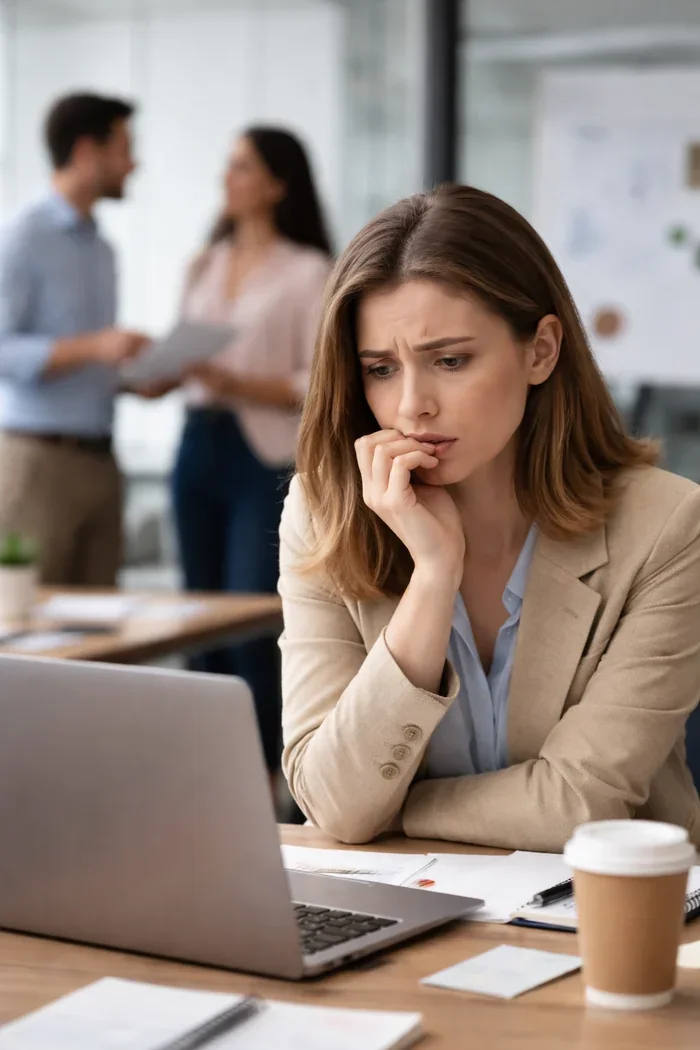 Une femme en perte de confiance recherche un psychologue à Paris 8 sur son ordinateur
