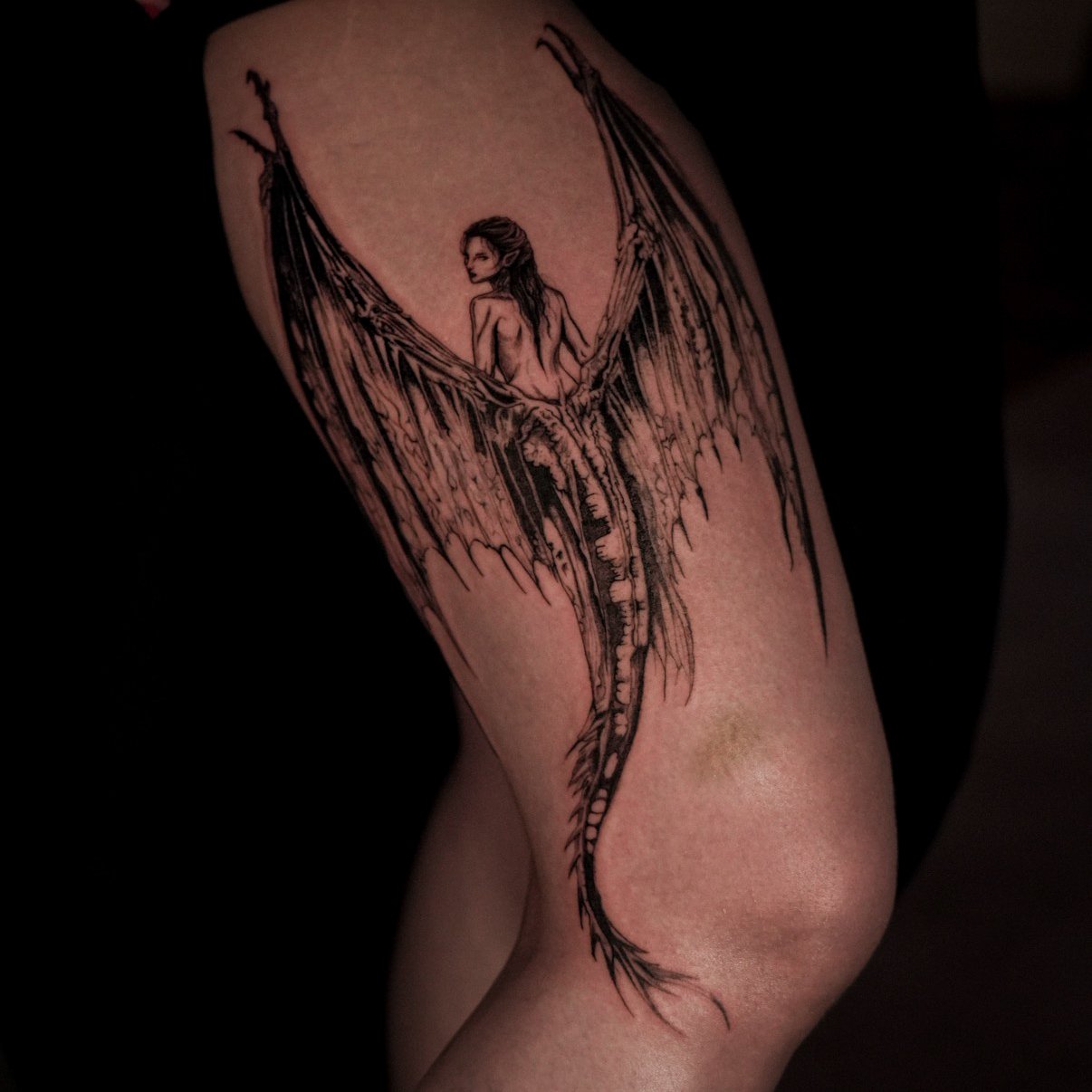 Mermaid black and grey upper leg tattoo by Thomas Tranchina