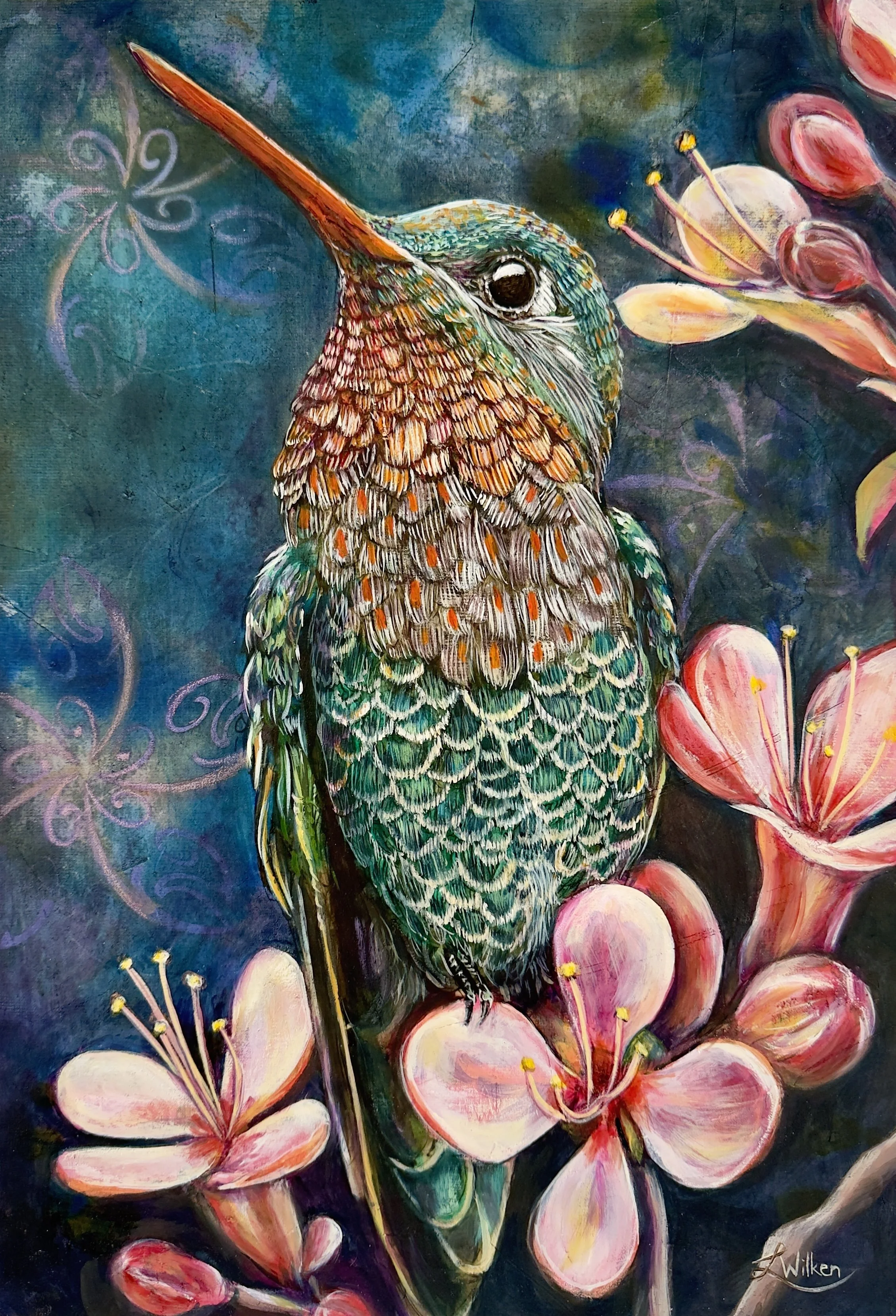 ASCENDING PRAISE (The Anatomy of an Amen)   Unstreched Canvas 42/30cm.
This mixed media and Oil Painting serves as a visual bridge between the whisper of a prayer and the shout of hallelujah.  Set against a deep textured teal and indigo background, a