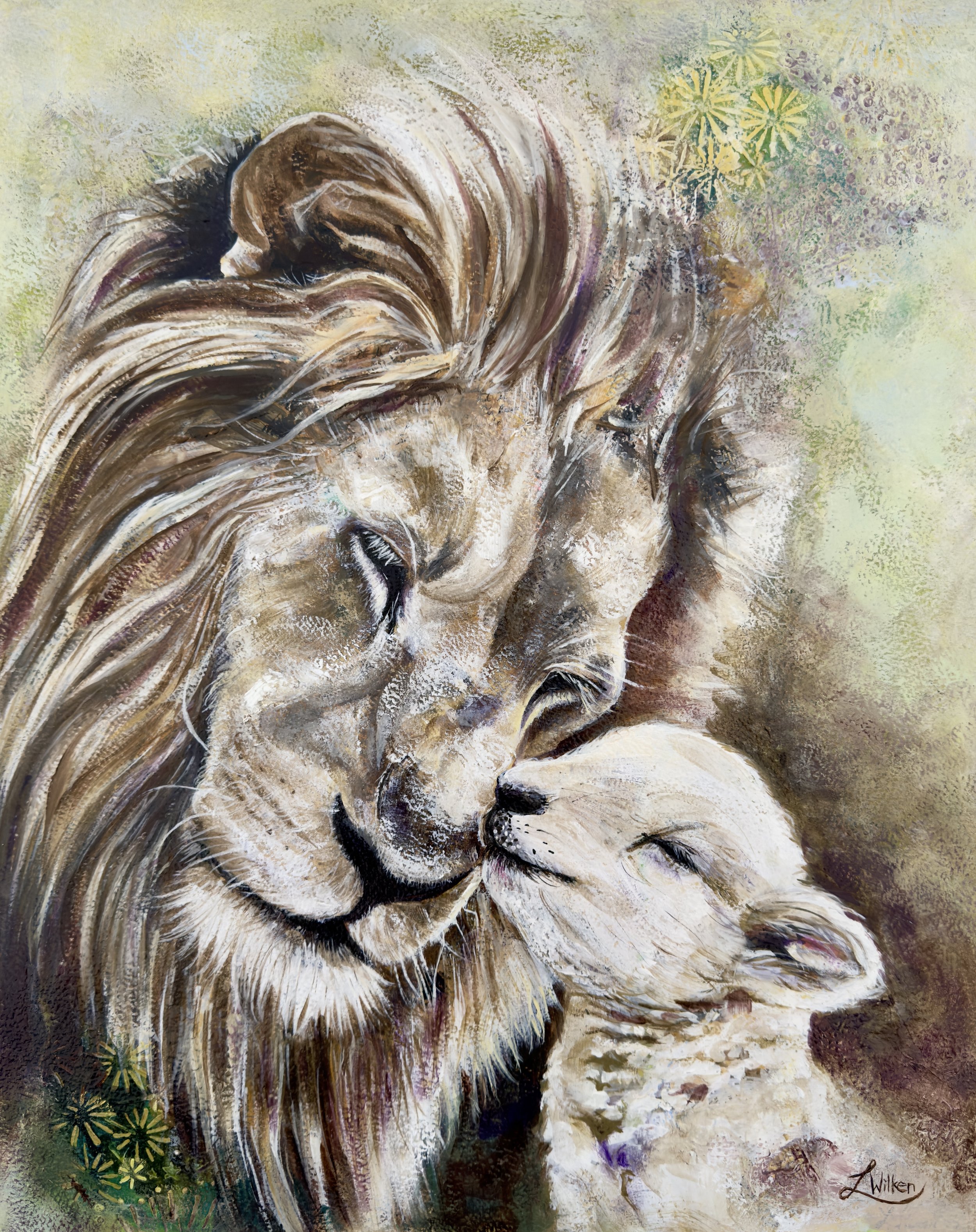 KINDRED COVENANT   This piece explores the profound intersection of power and vulnerability.  We see the traditional boundaries of the wild dissolved by a higher peace. It is a portrait of the Kingdom of the Creator, where strength is not used to ove