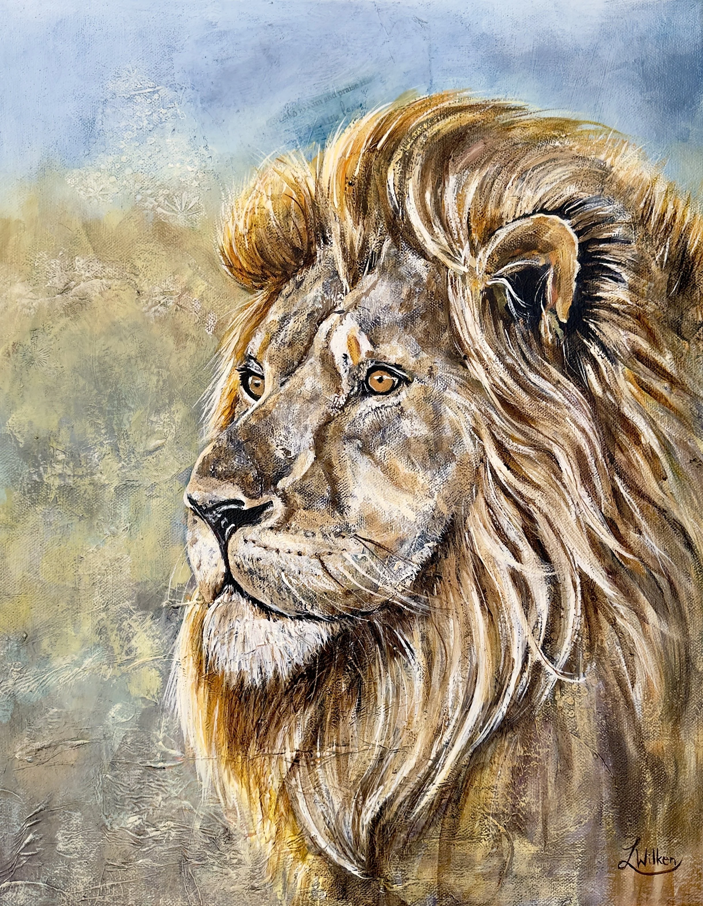 GILDED GUARDIANSHIP   Mixed media and Oil on stretched canvas, 40/50cm.
In the hour of the savannah, the lion stands as a sentinel of the plains.  This piece moves away from the communal scenes of the herd to focus on the individual weight of leaders