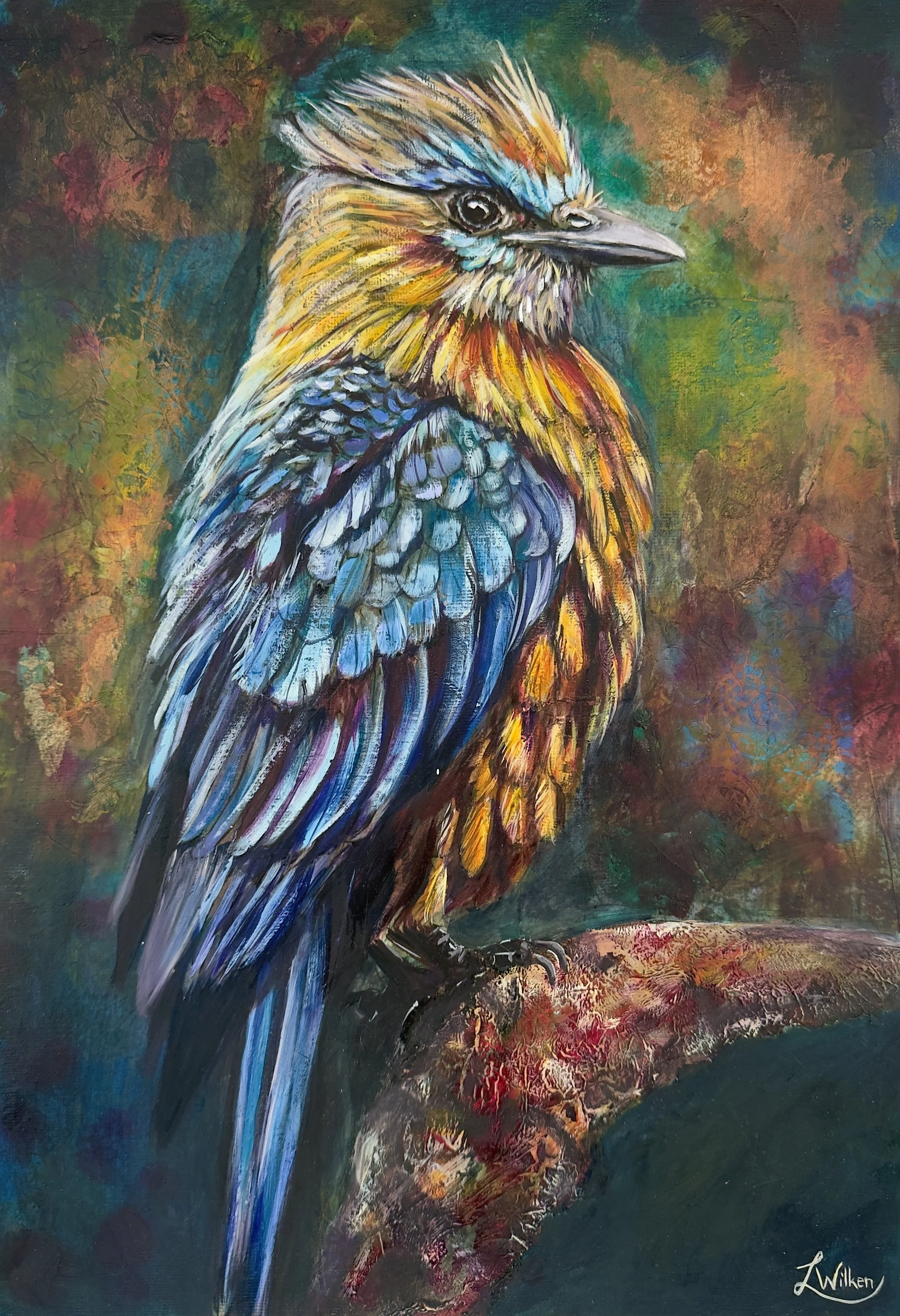 THE PALETTE OF PROMISE (The Masterpiece of Mercy)   Mixed media and Oil on Unstreched Canvas, 42/30cm.
This piece explores the “Masterpiece  of Mercy” through a living spectrum of color. Using a signature blend of oil and ink, the layered plumage ser