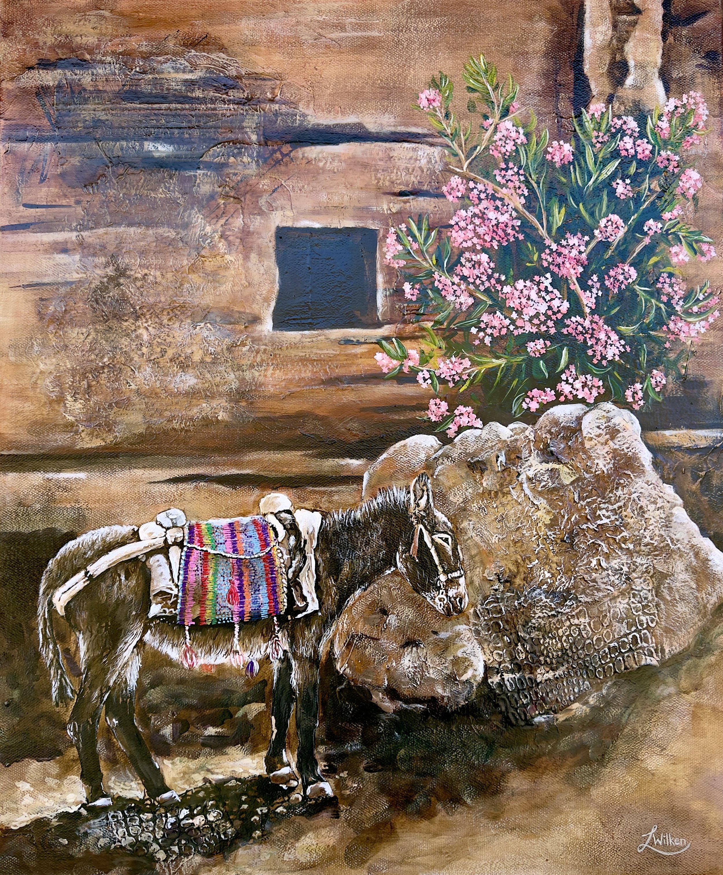 WAITING BETWEEN ROCK AND BLOOM   Mixed Media and Oil Paint on stretched canvas, 50/60cm.
The Strength of the Still   In the heart of the “Rose City”, where stone has stood for millennia, there is a specific kind of provision found in the waiting.  Th
