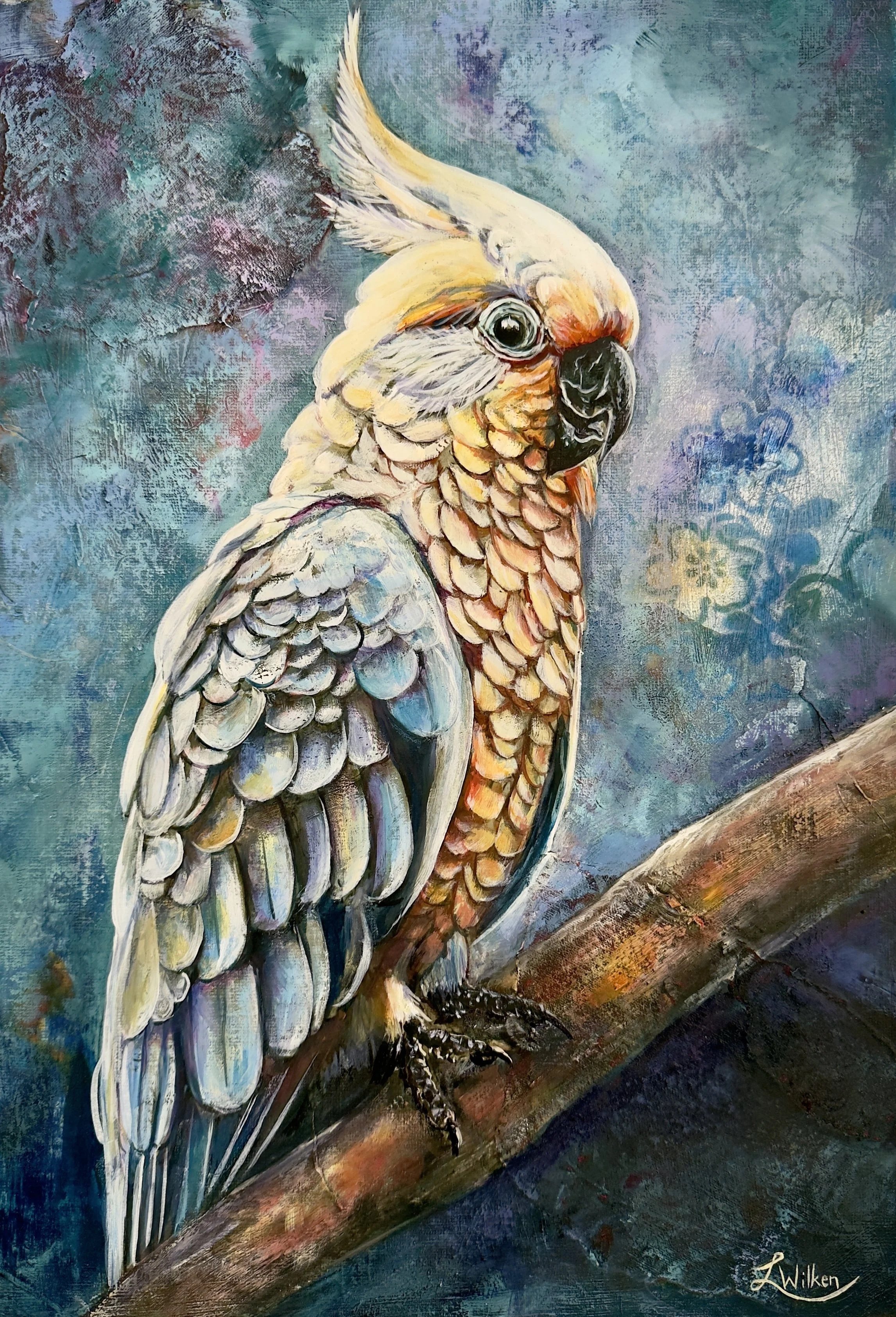 SANCTUARY IN THE SAPPHIRE (The Cover of the Crest)   Mixed Media and Oil on Unstreched Canvas, 42/30cm.
A majestic Cockatoo perches upon a ruggedly textured branch.  While the bird’s body glows with a luminous, buttery yellow, its wings are a deep el