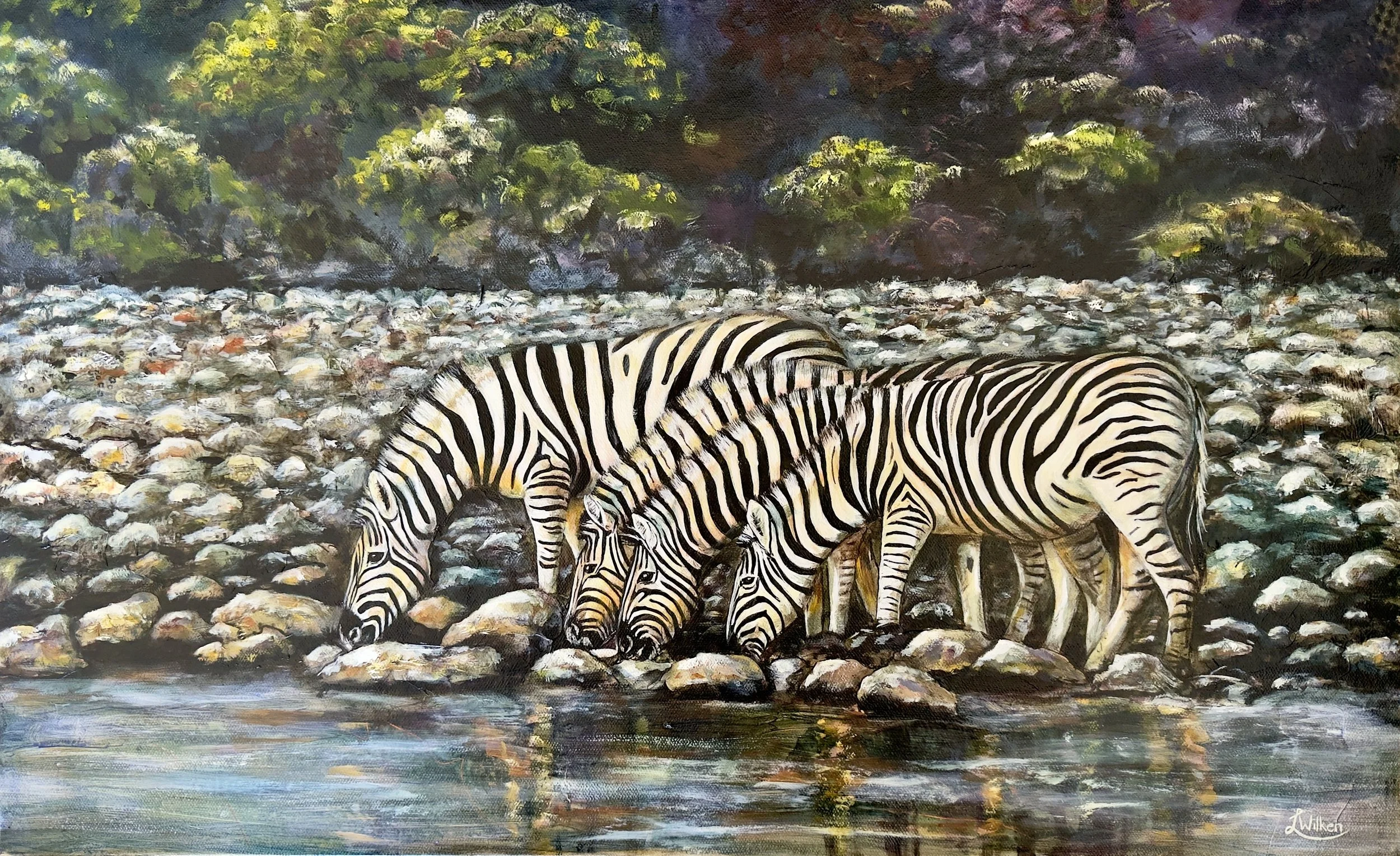 SANCTUARY AT THE SOURCE   Mix Media and Oil on stretched Canvas, 80/50cm.  The water hole is more than a resource; it is a sacred sanctuary of communal rest. This piece captures the rhythmic elegance of the wild, where the height-contrast stripes of 