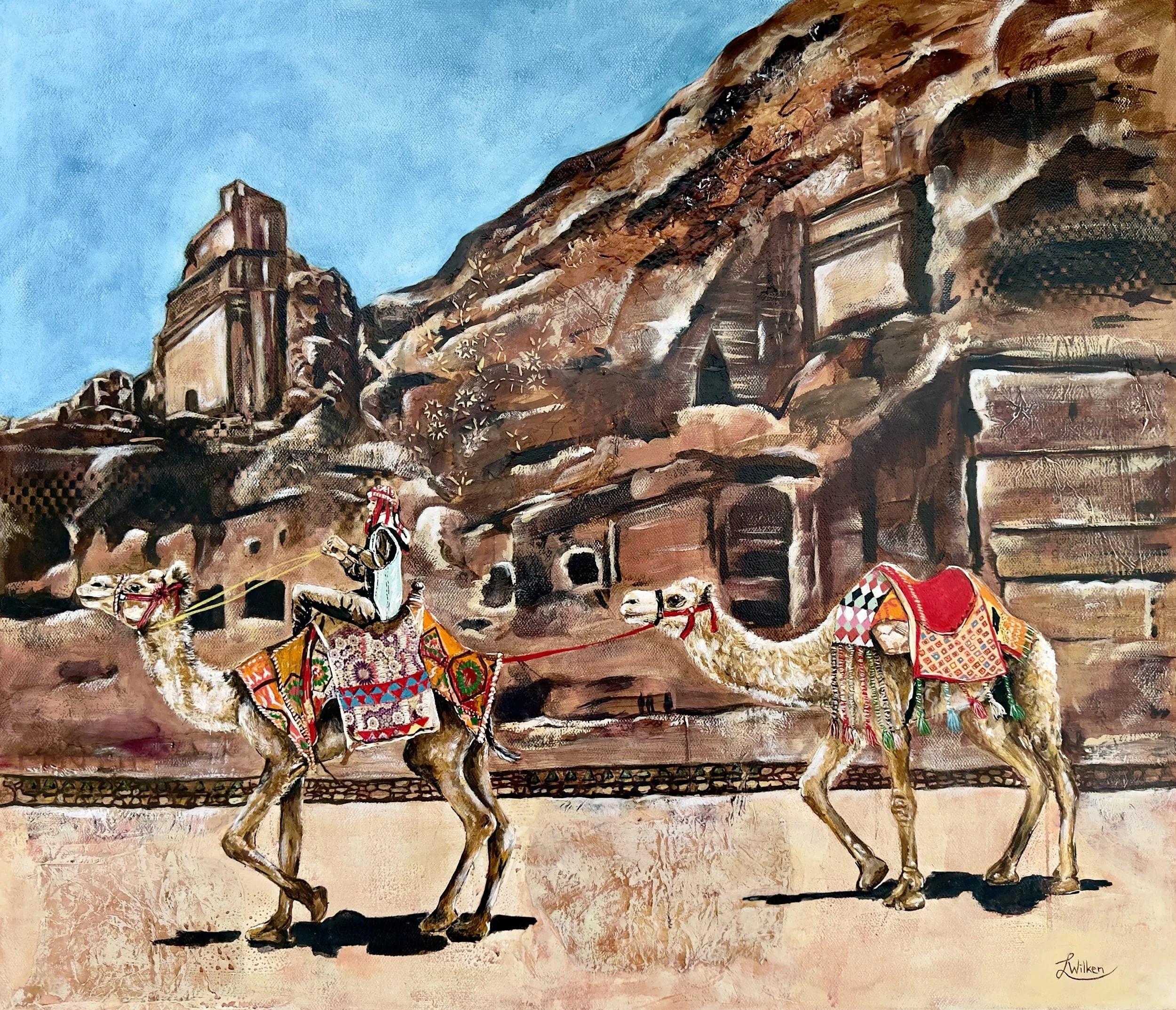 THE CARAVAN OF TRUST   Mixed Media and Oil paint on stretched canvas, 70/60cm.
In the heart of the “Rose City,” where stone has stood for millennia, there is a specific kind of provision found in the waiting.  This piece captures a journey of sacred 