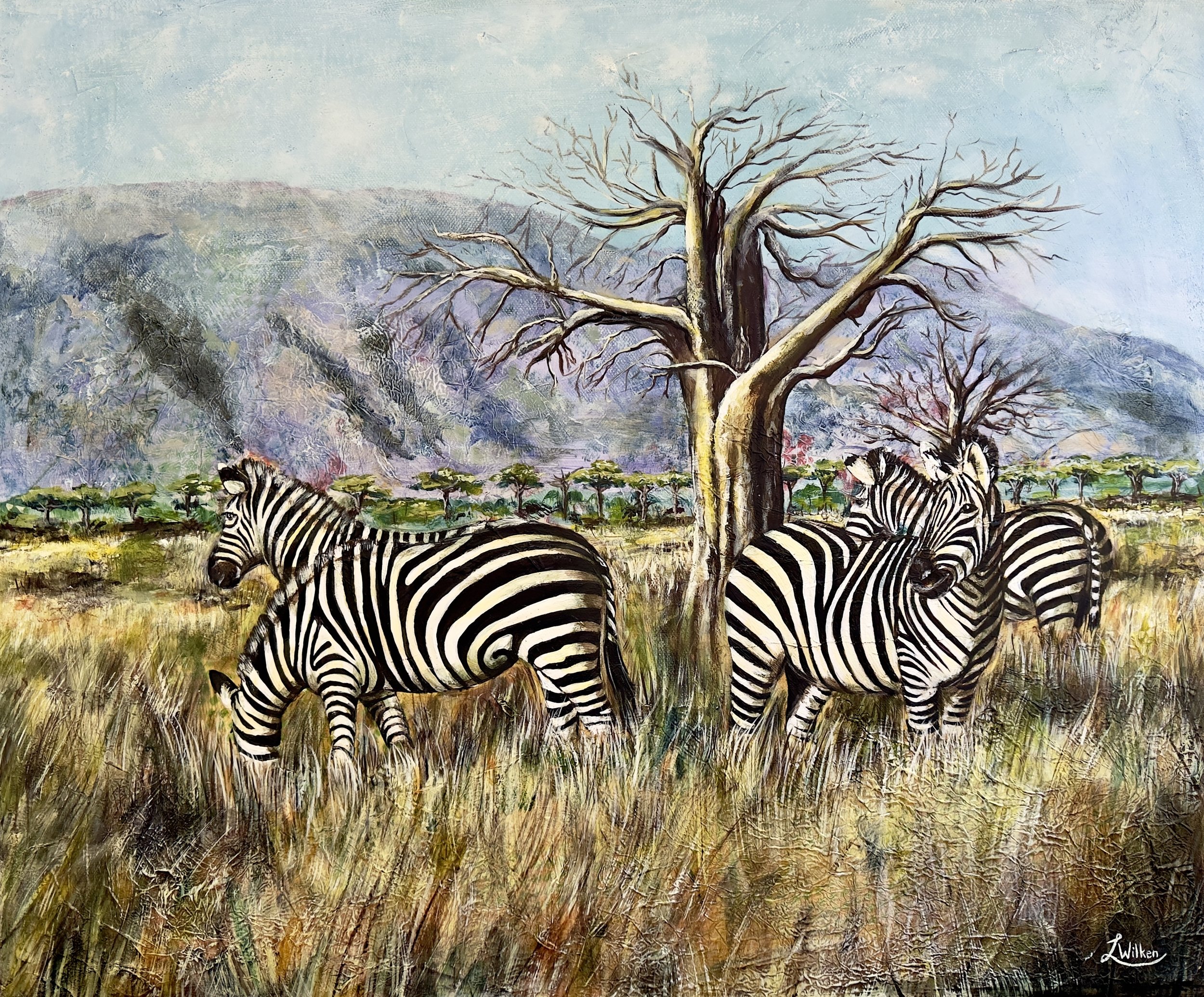 RYTHMS OF WILD GRACE   Mixed Media and Oil on stretched canvas, 60/50cm.
Set against the ancient silhouette of the Boabab tree, this piece explores the intersection of endurance and elegance.  The zebras are depicted not just as inhabitants of the pl