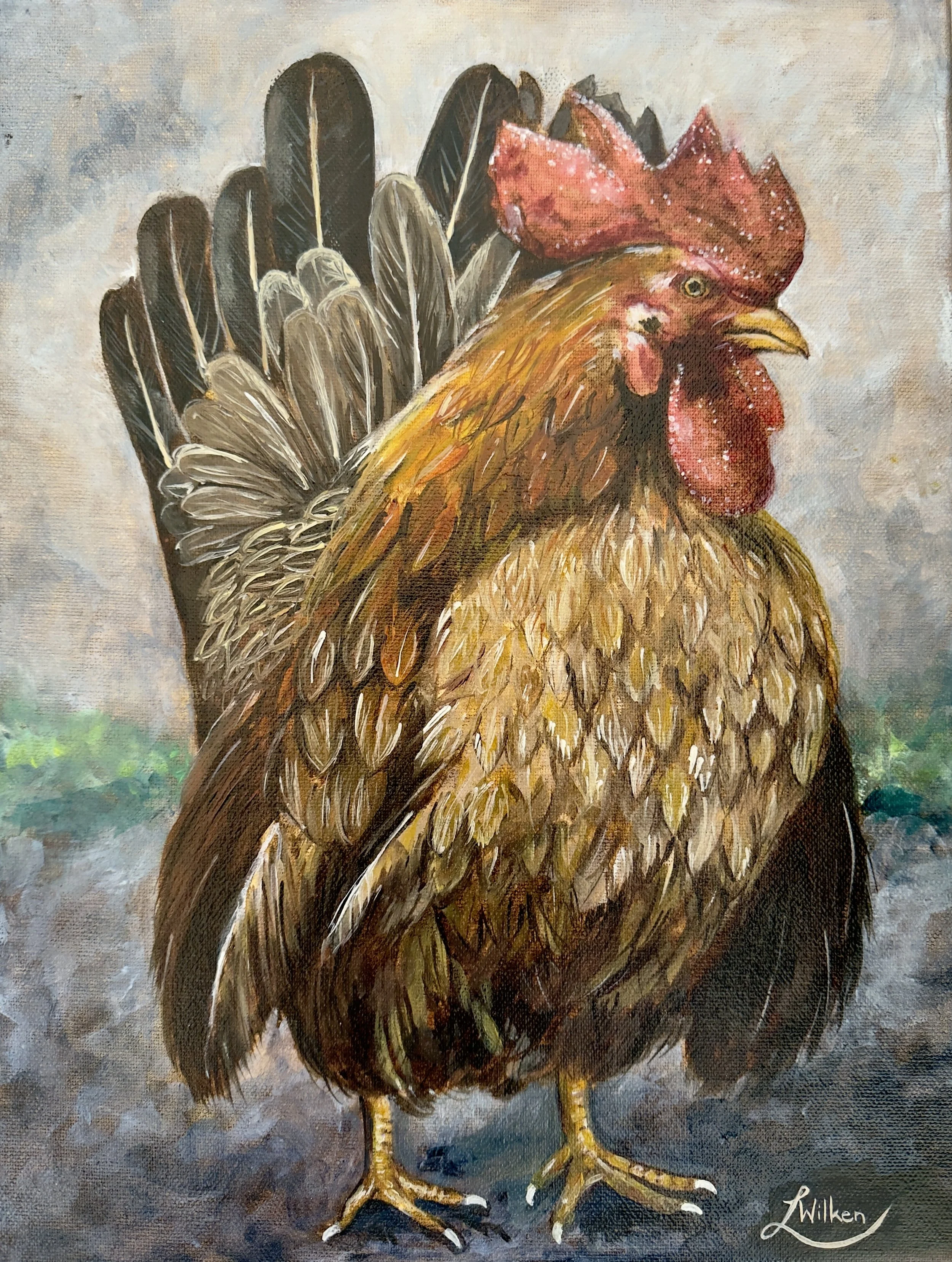 THE HERALD OF THE MORNING PRAISE (The watchman)   Oil Paint on Stretched Canvas, 40/30cm).
A proud and dignified Rooster stands in the “blue hour” just before sunrise.  Unlike a soft garden bird, this subject has a fierce and intentional posture.  It
