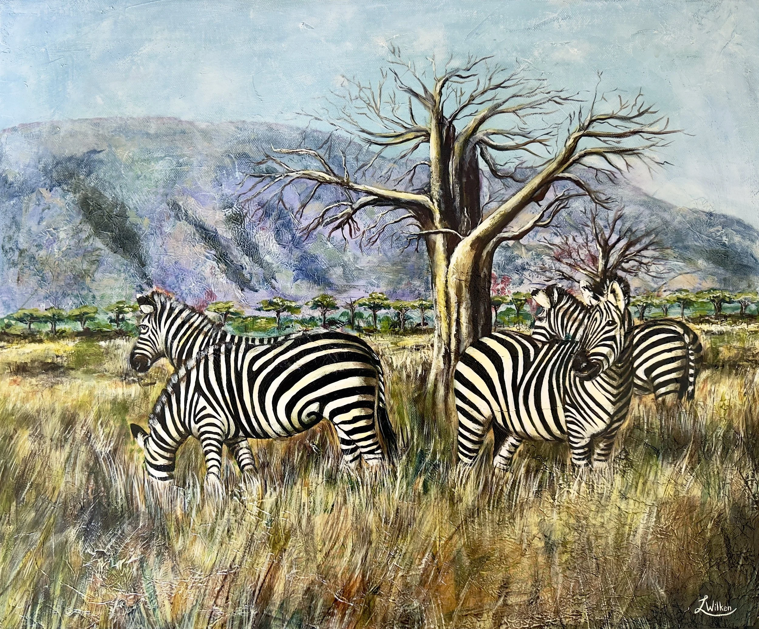 RYTHMS OF WILD GRACE  Mixed Media and Oil on stretched canvas, 60/50cm.  Set against the ancient silhouette of the Boabab tree, this piece explores the intersection of endurance and elegance. The zebras are depicted not just as inhabitants of the pla