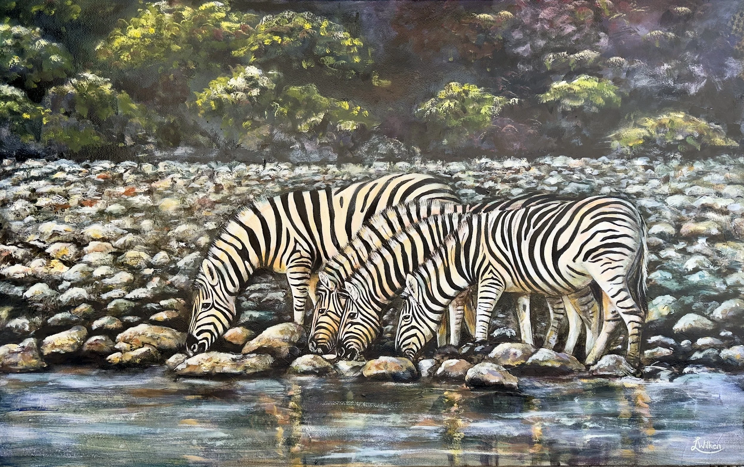 SANCTUARY AT THE SOURCE   Mixed Media and Oil on stretched Canvas, 80/50cm.
The water hole is more than a resource; it is a sacred sanctuary of communal rest.  This piece captures the rhythmic elegance of the wild, where the high-contrast stripes of 