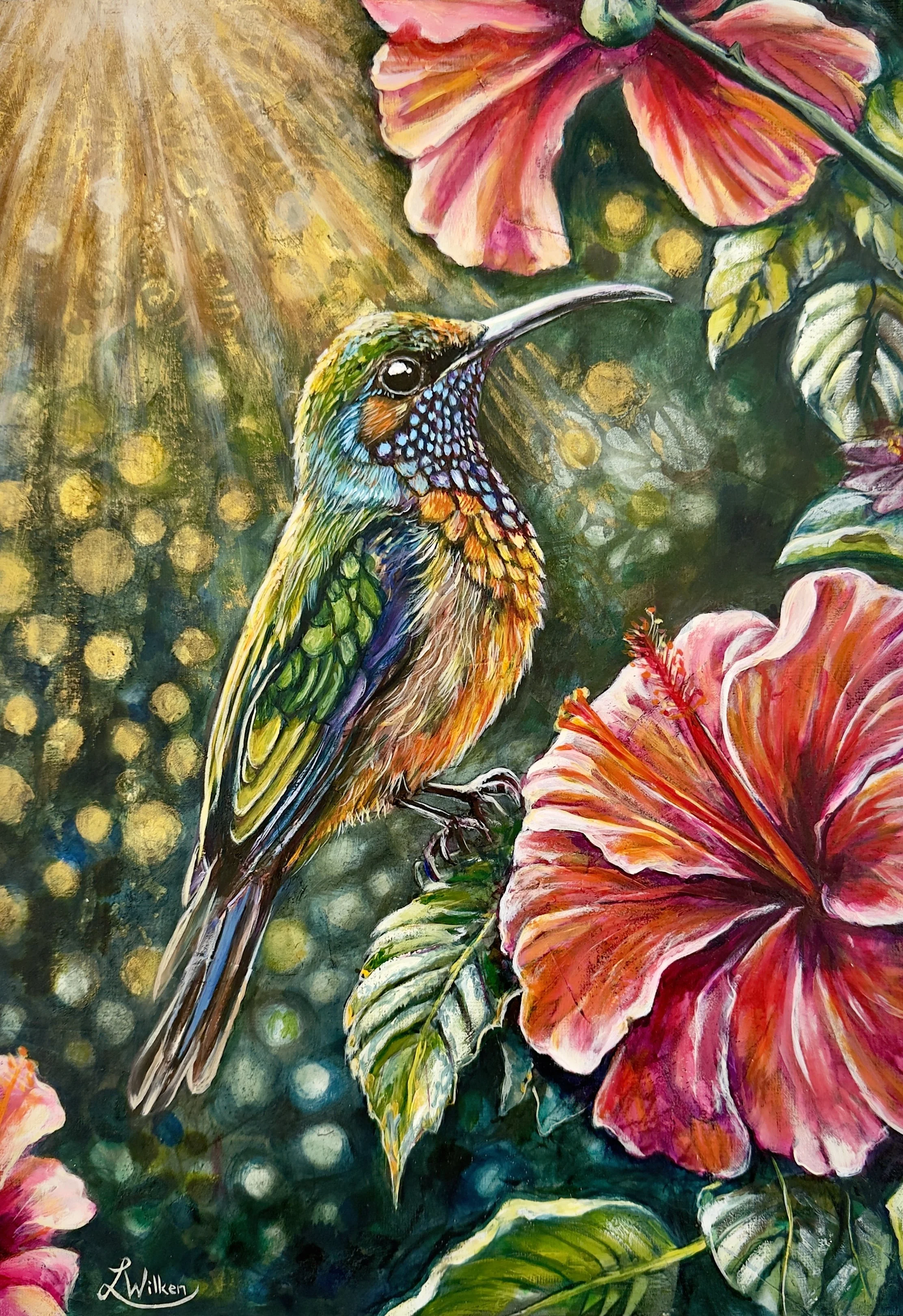BEHOLD THE RADIANT QUIET (The Radiance of Reflection)   Mixed Media and Oil on Unstreched Canvas | 42/30cm.
A companion to the “Selah” moments of life, this piece portray a bird at rest, bathed in a descending glow of heavenly light.  Nestled among t