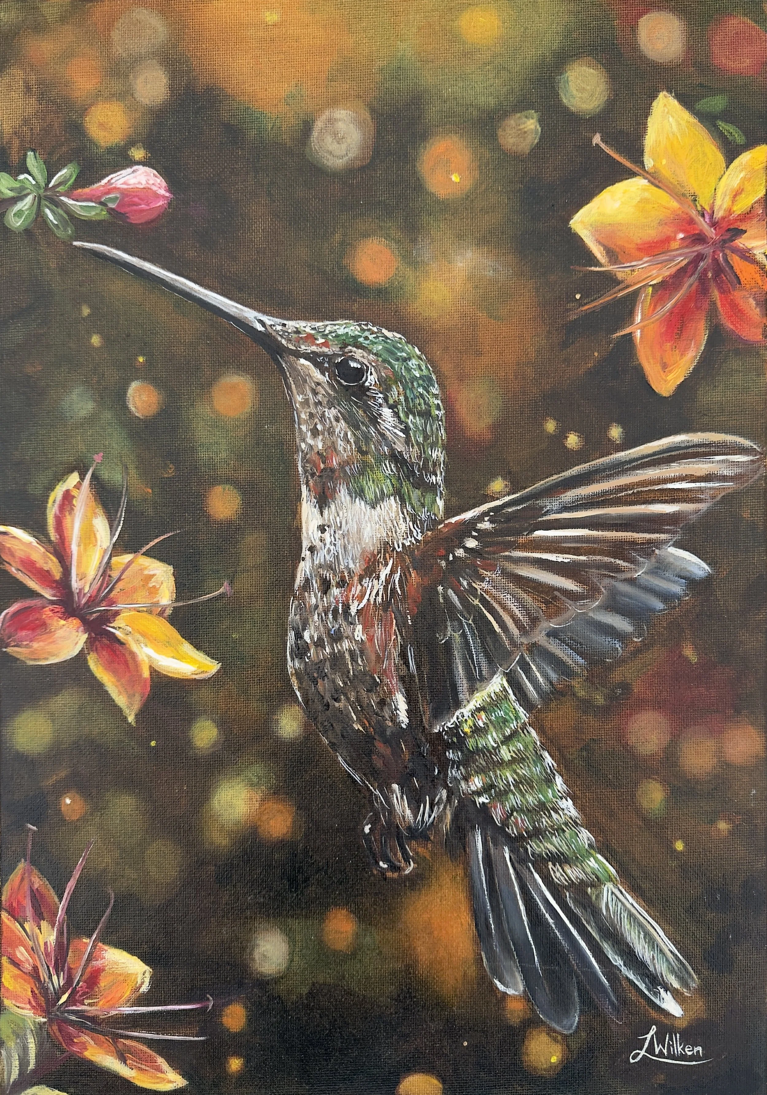 A SKY FULL OF SELAH (The sacred frequency) Oil paint on canvas | 42/30cm   In the rush of a thousand wingbeats, there is a sacred pause. This piece captures the hummingbird - a living vessel of praise - suspended in a moment of “Selah.” It is a visua