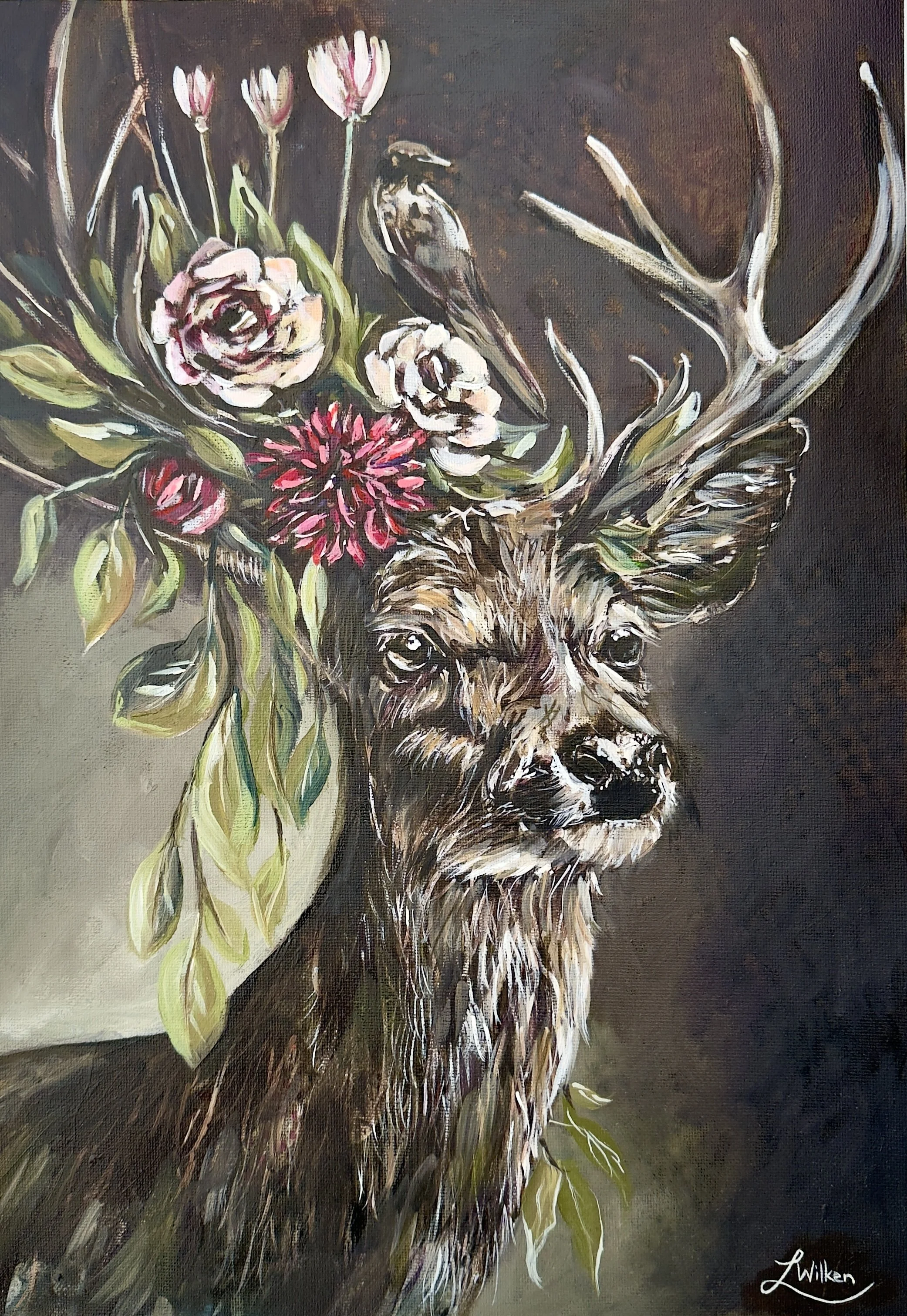 CROWN OF CONTENTMENT   Mixed Media and Oil Paint on unstreched Canvas, 42/30cm.
This piece presents a portrait of tranquility.  The deer, often a symbol of the soul longing for the Creator, is adorned with a vibrant “crown of blossoms”. It captures a